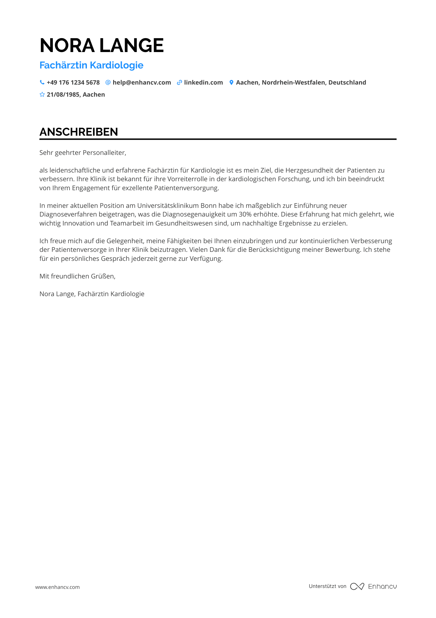 Arzt für Kardiologie Resume Example