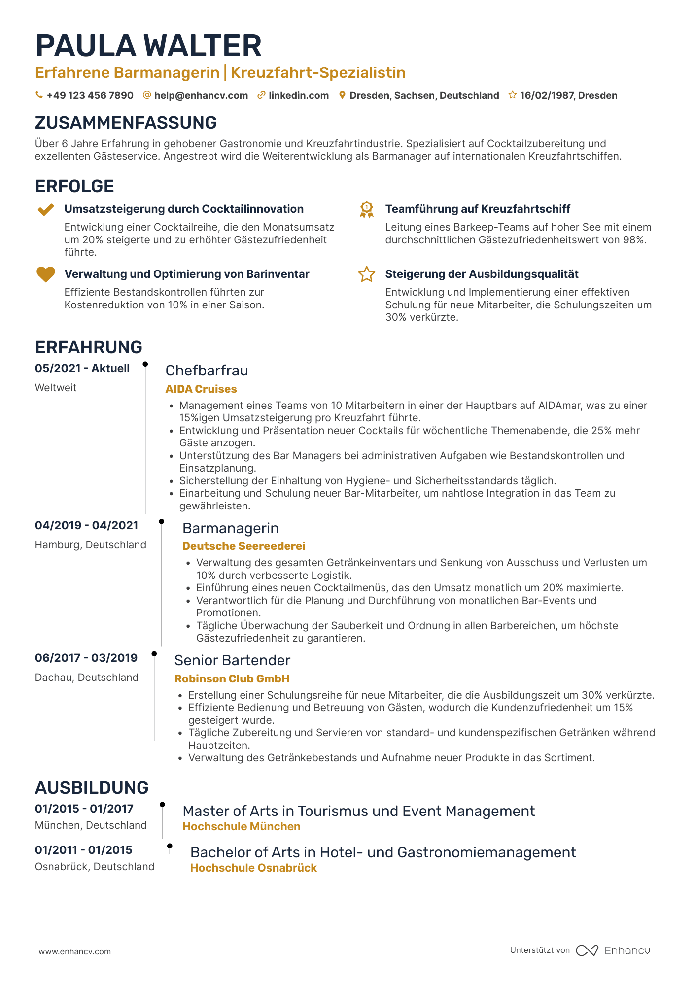 Lebenslauf in Barmann für Kreuzfahrtindustrie Resume Example