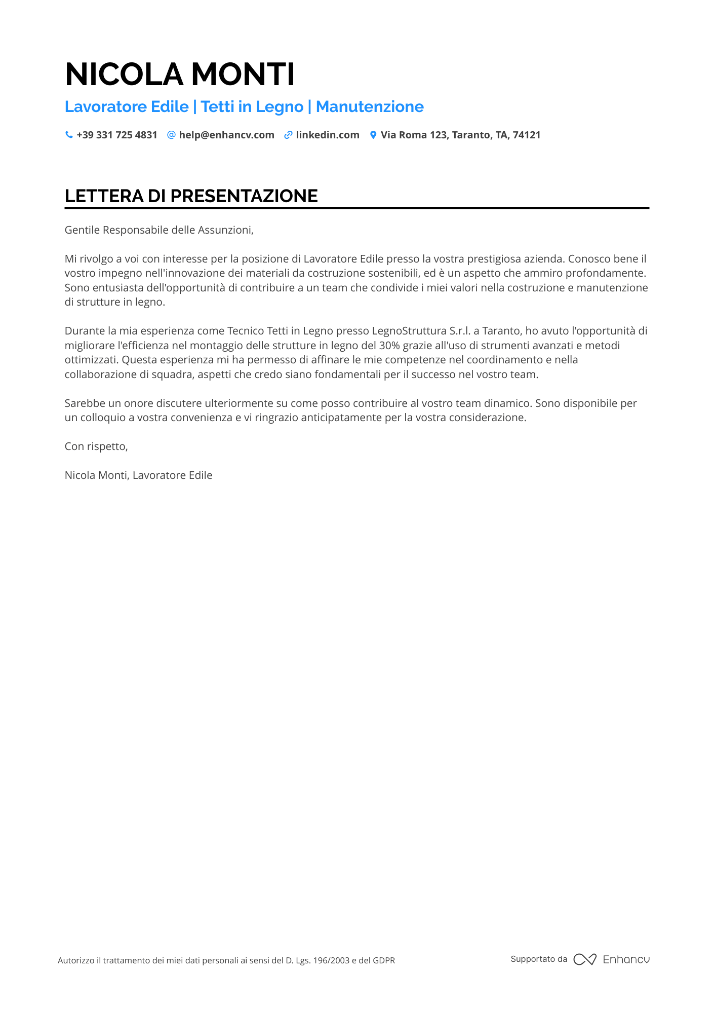 Operaio Edile per Tetti e Coperture Resume Example