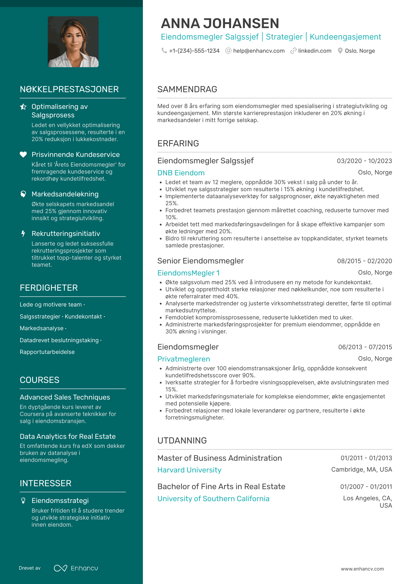 CV for Eiendomsmegler Salgssjef Resume Example