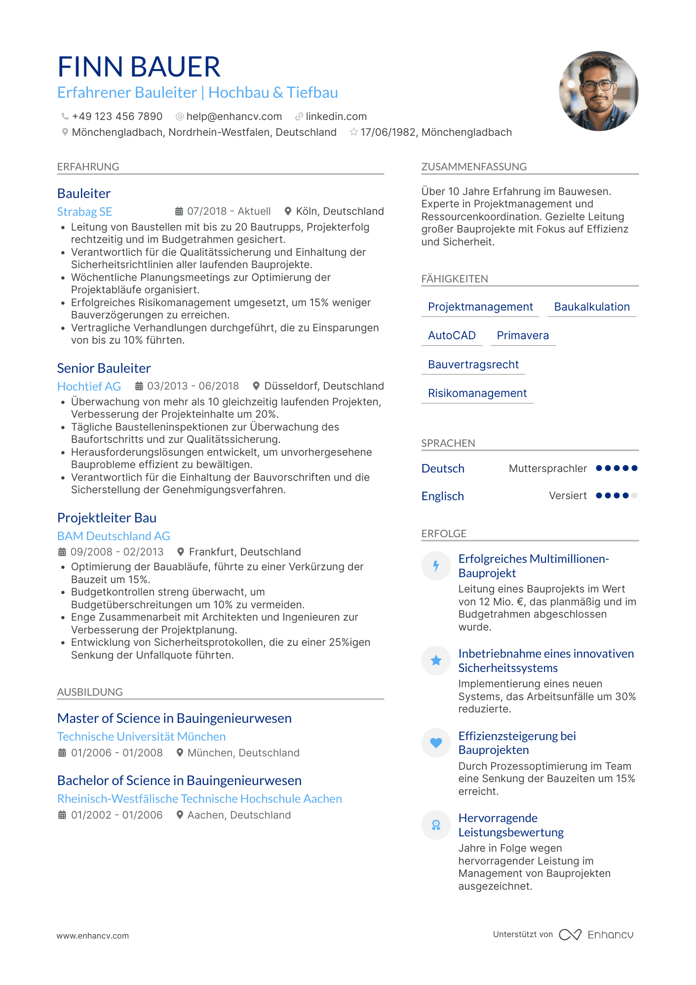 Lebenslauf als Bauleiter mit 10 Jahren Erfahrung Resume Example