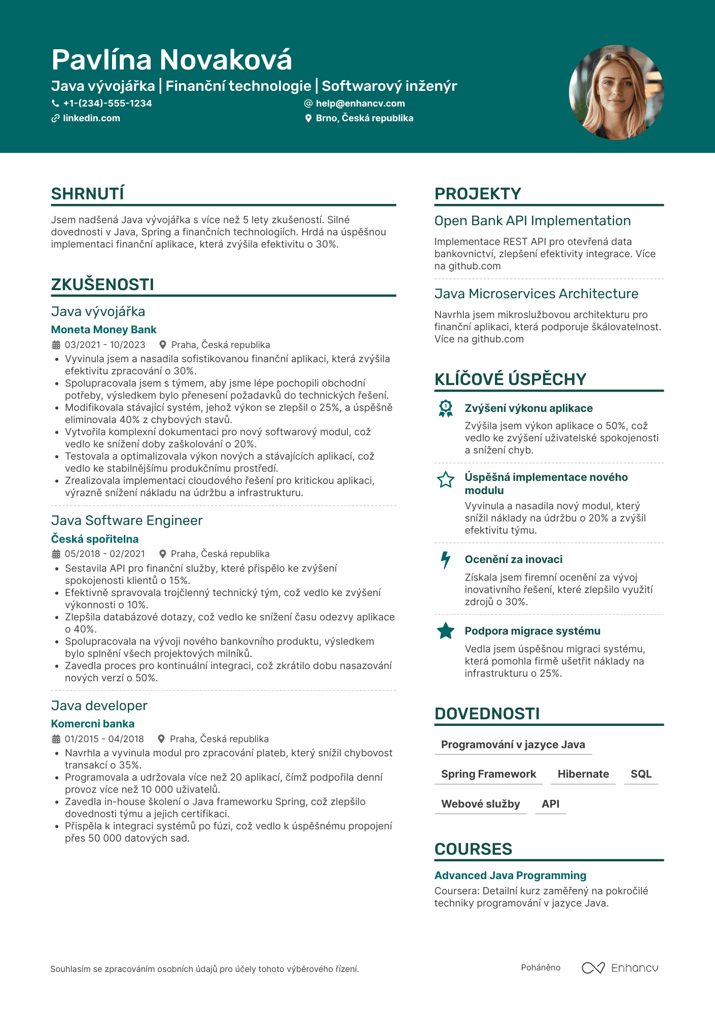 Životopis pro Java vývojář finančních technologií Resume Example
