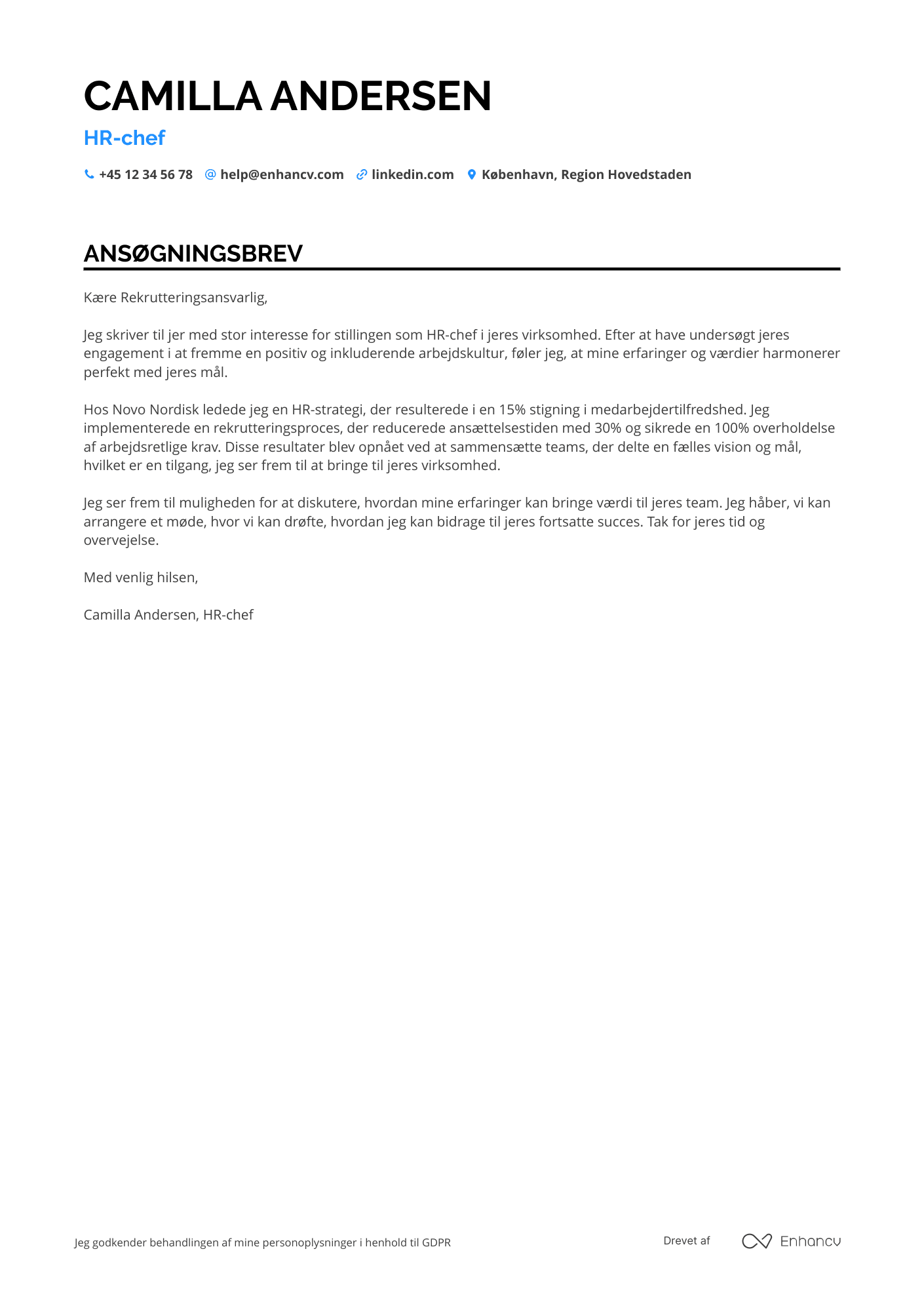 Ansøgningsbrev til HR chef Resume Example