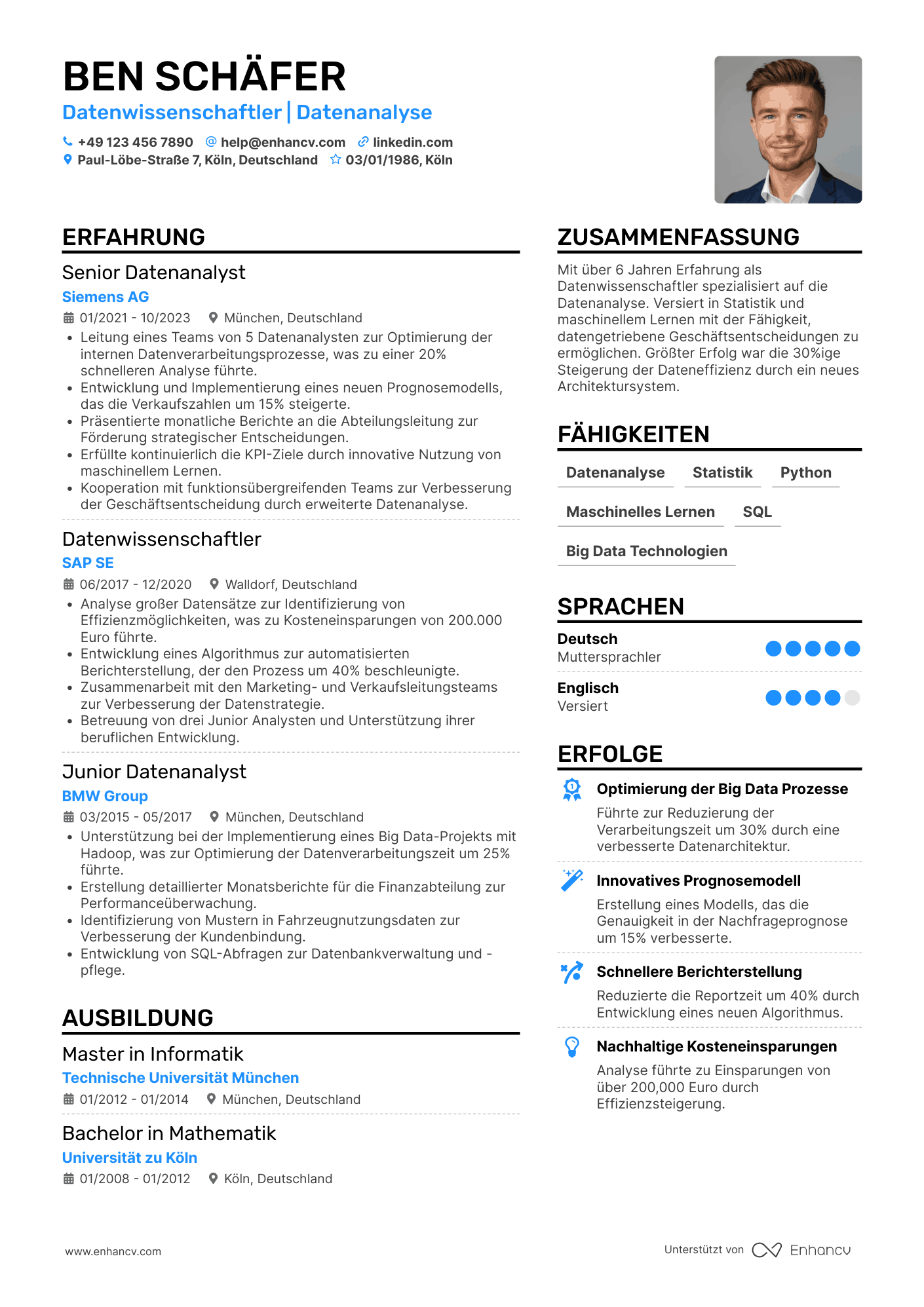 Lebenslauf als Datenwissenschaftler für Datenanalyse Resume Example