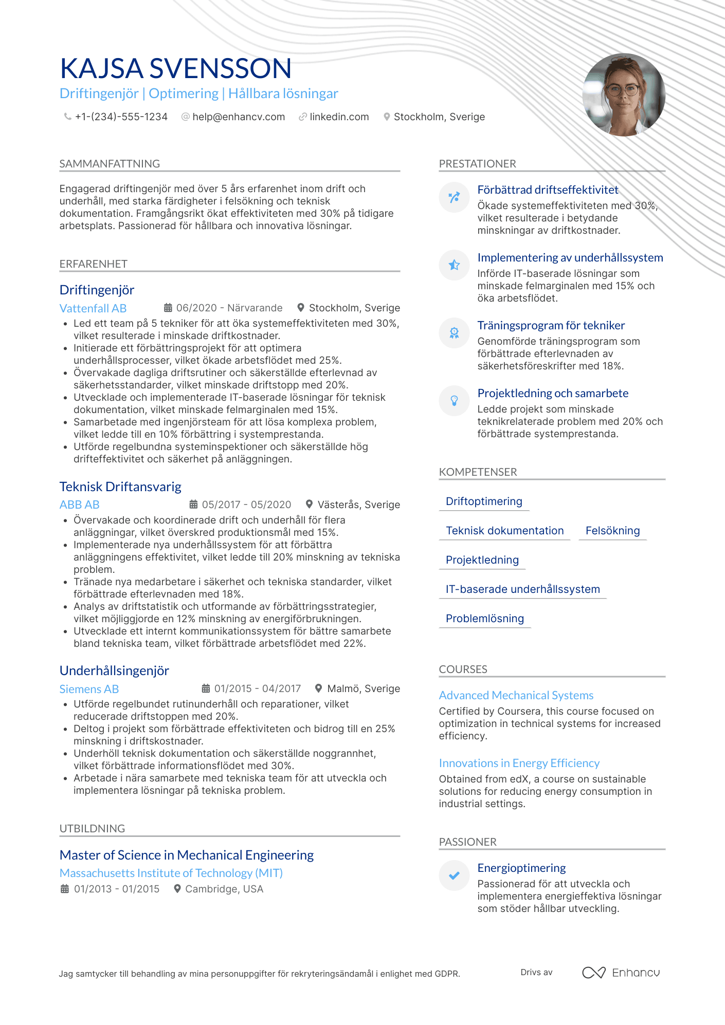 CV för Driftingenjör Resume Example