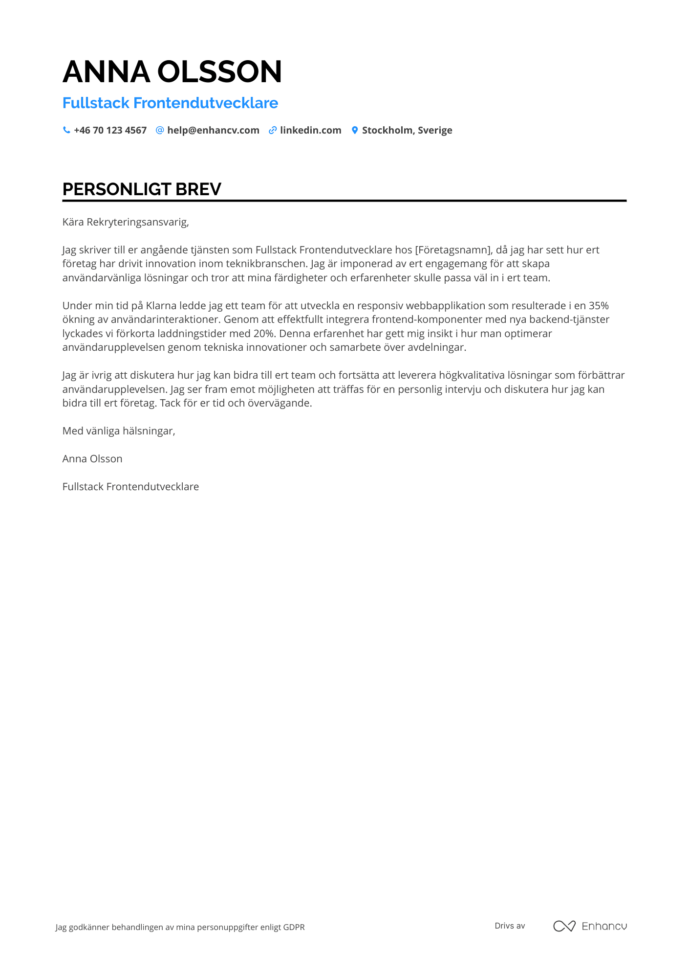 Personligt brev för Fullstack Frontendutvecklare Resume Example