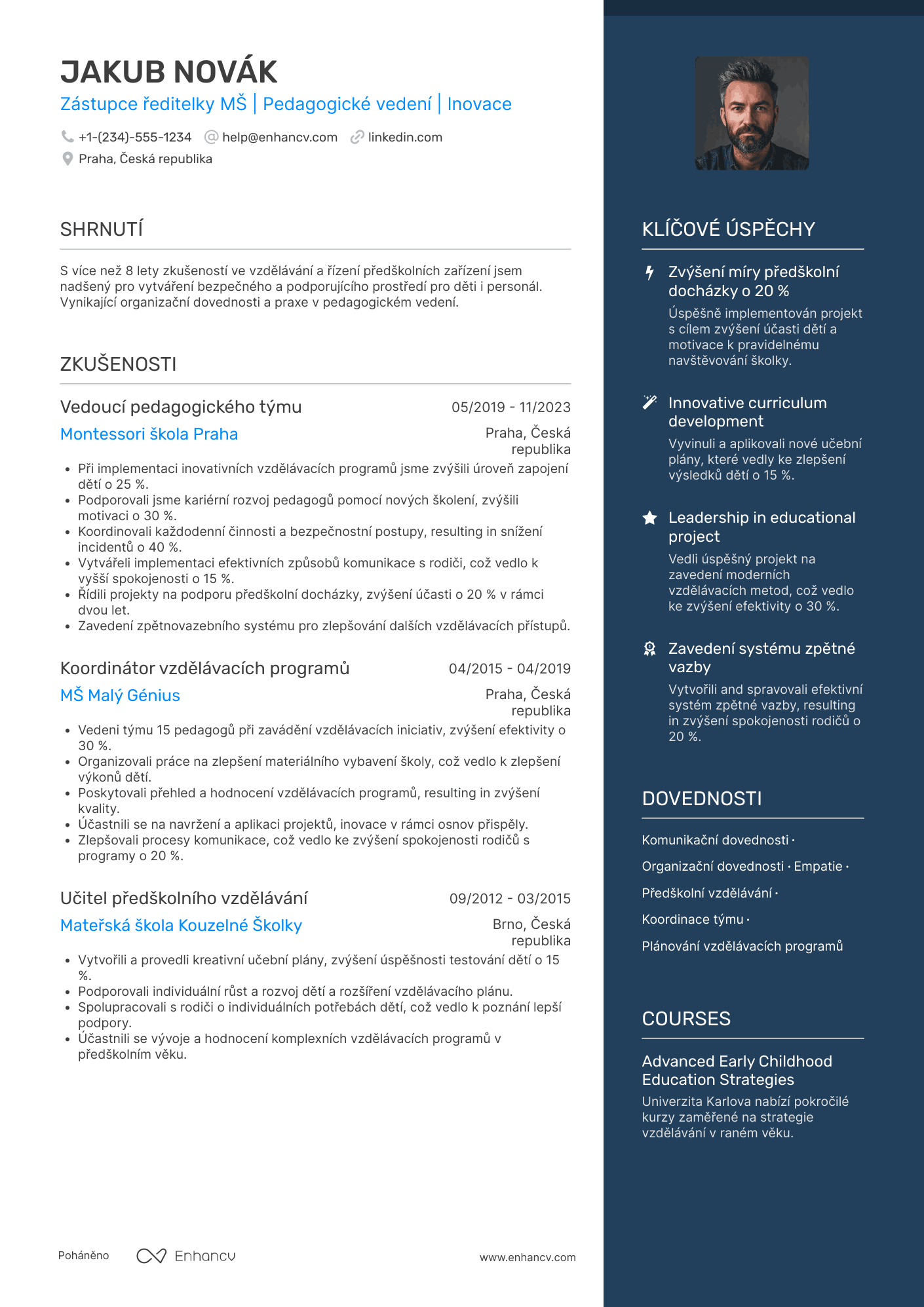 Životopis pro Zástupce ředitelky mateřské školy Resume Example