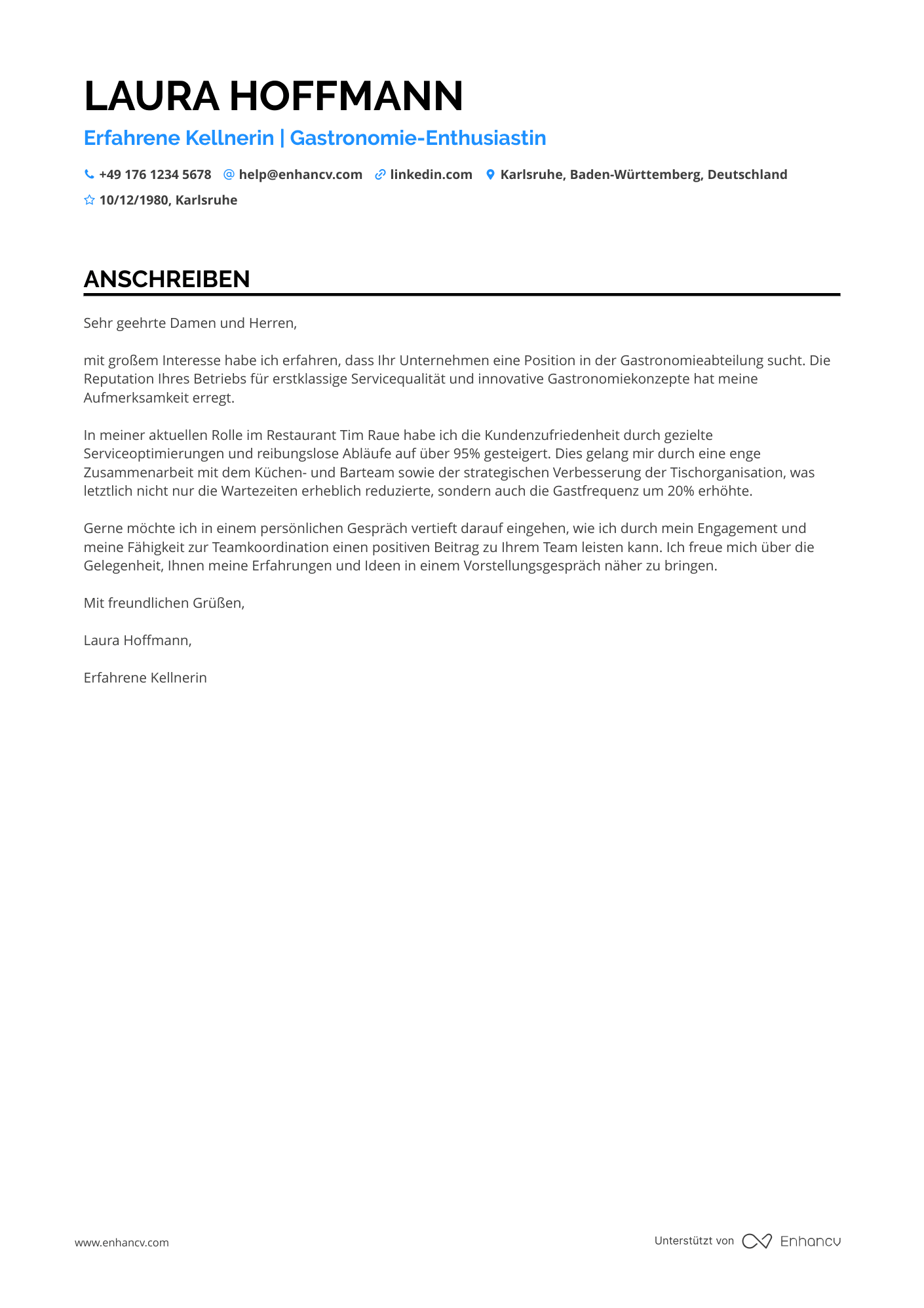 Kellner mit Erfahrung in gehobener Gastronomie Resume Example