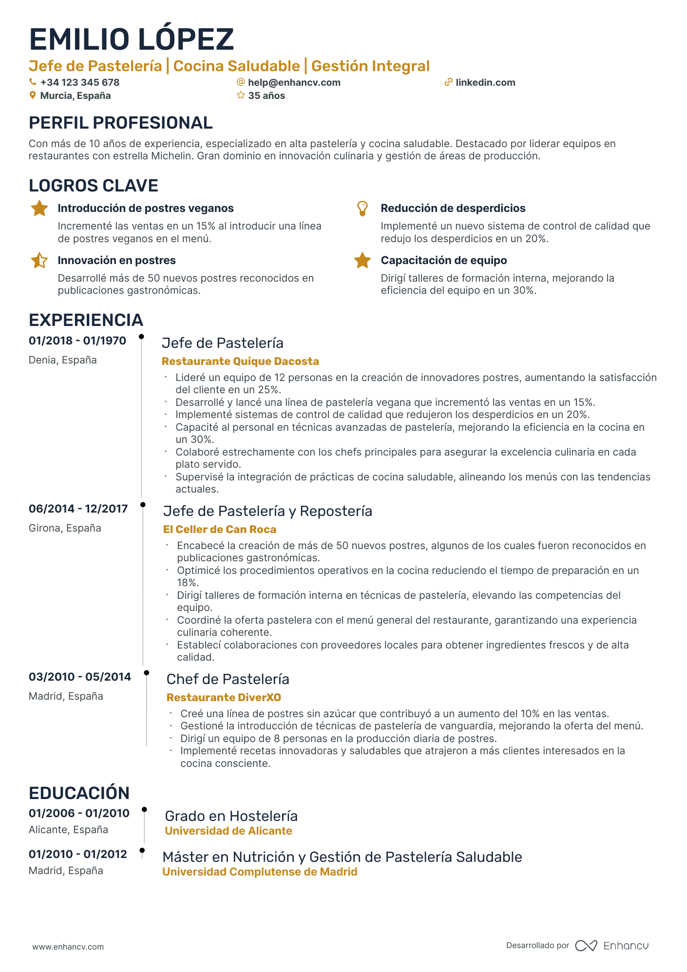 Chef Pastelero Resume Example