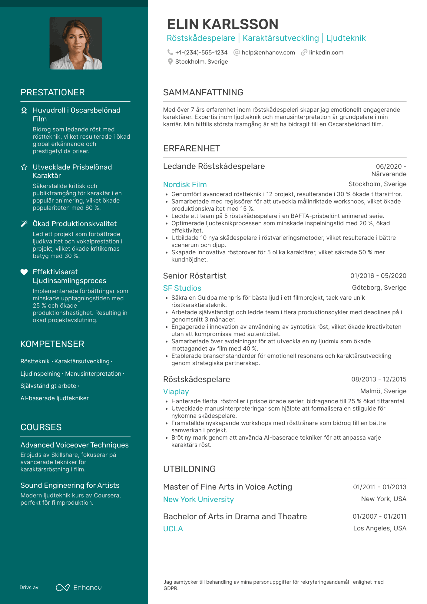 CV för Film Röstskådespelare Resume Example