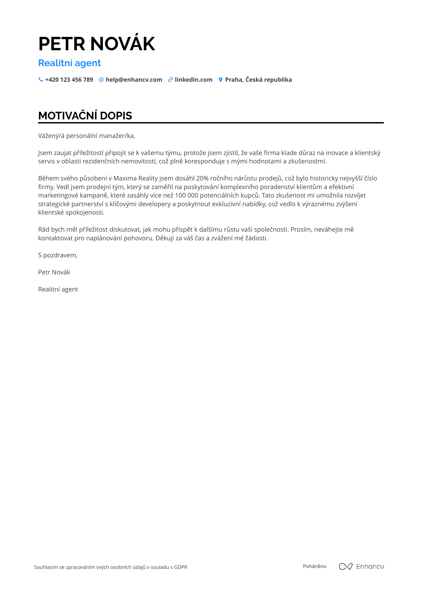 Motivační dopis pro Realitní agent pro rezidenční nemovitosti Resume Example