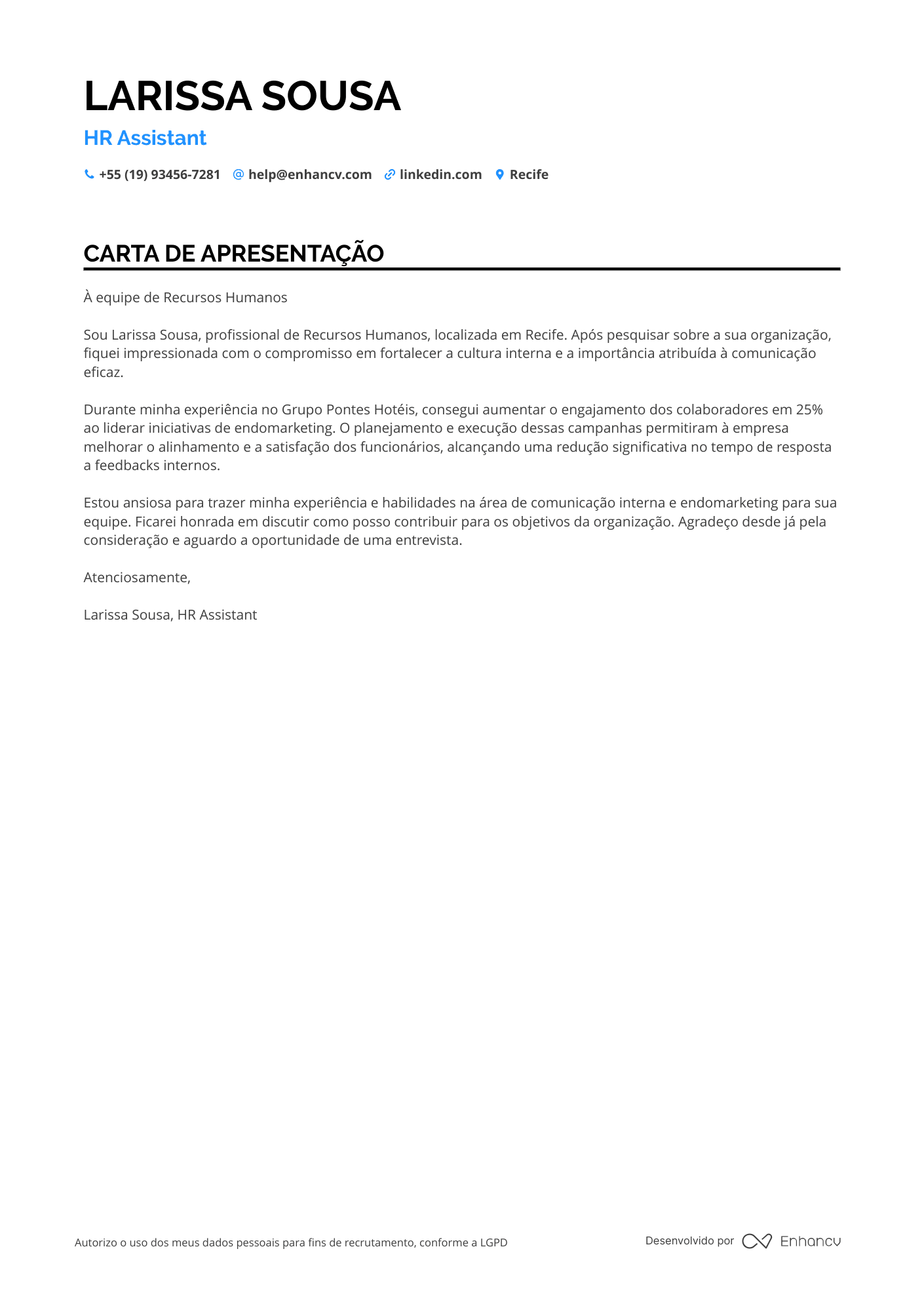 Assistente de RH em Marketing Resume Example
