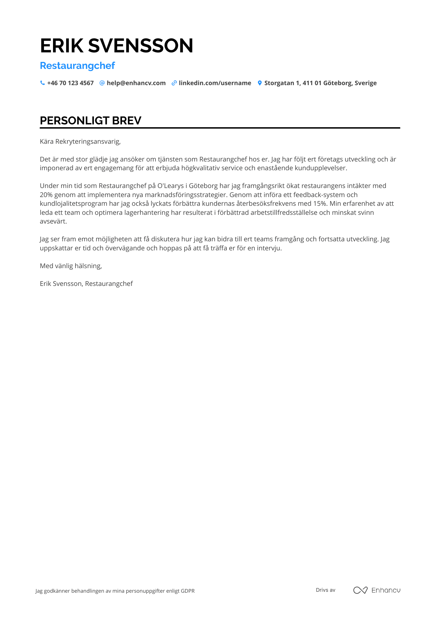 Personligt brev för Restaurangchef Operativ Resume Example