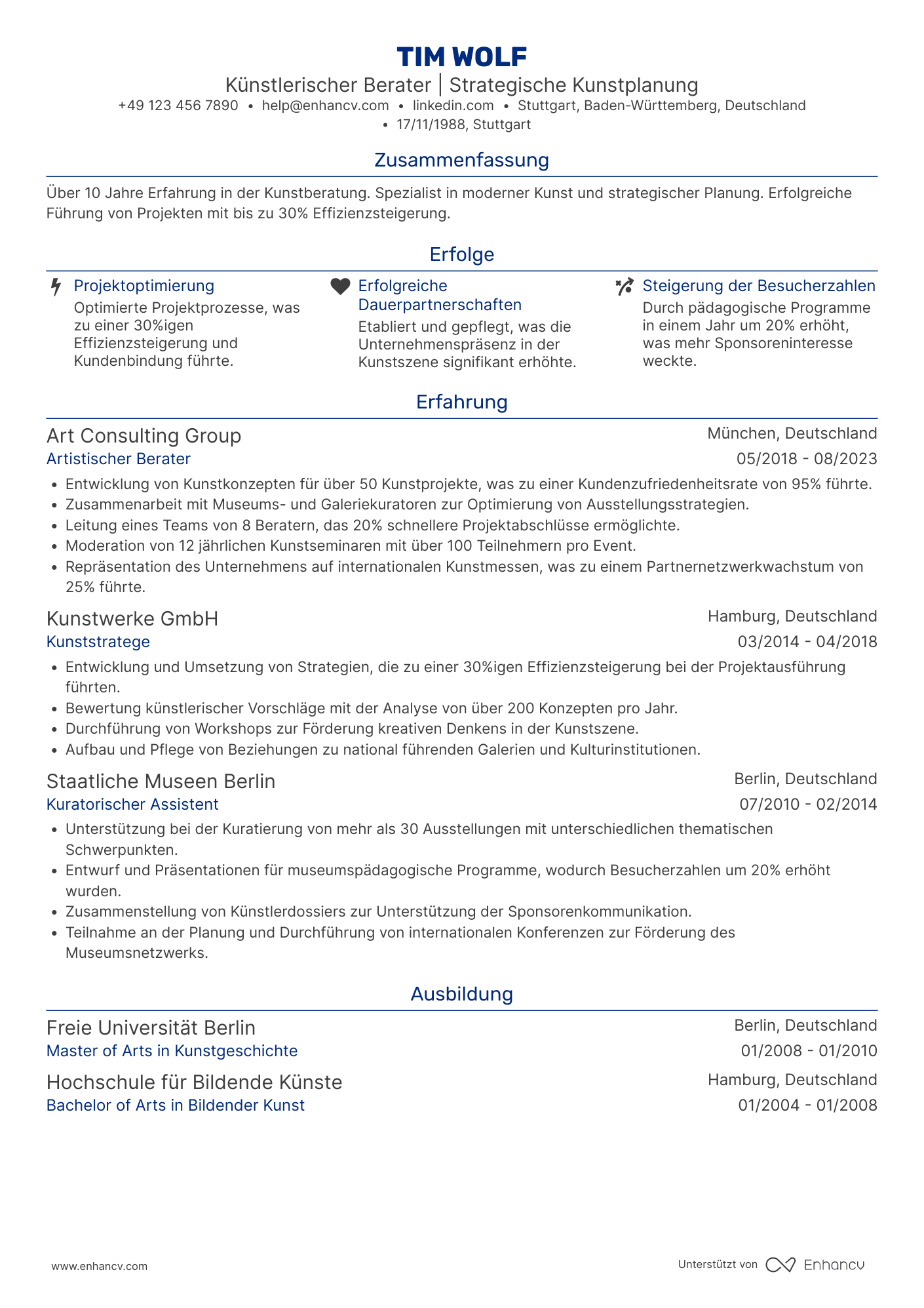 Lebenslauf als Künstlerischer Berater Resume Example