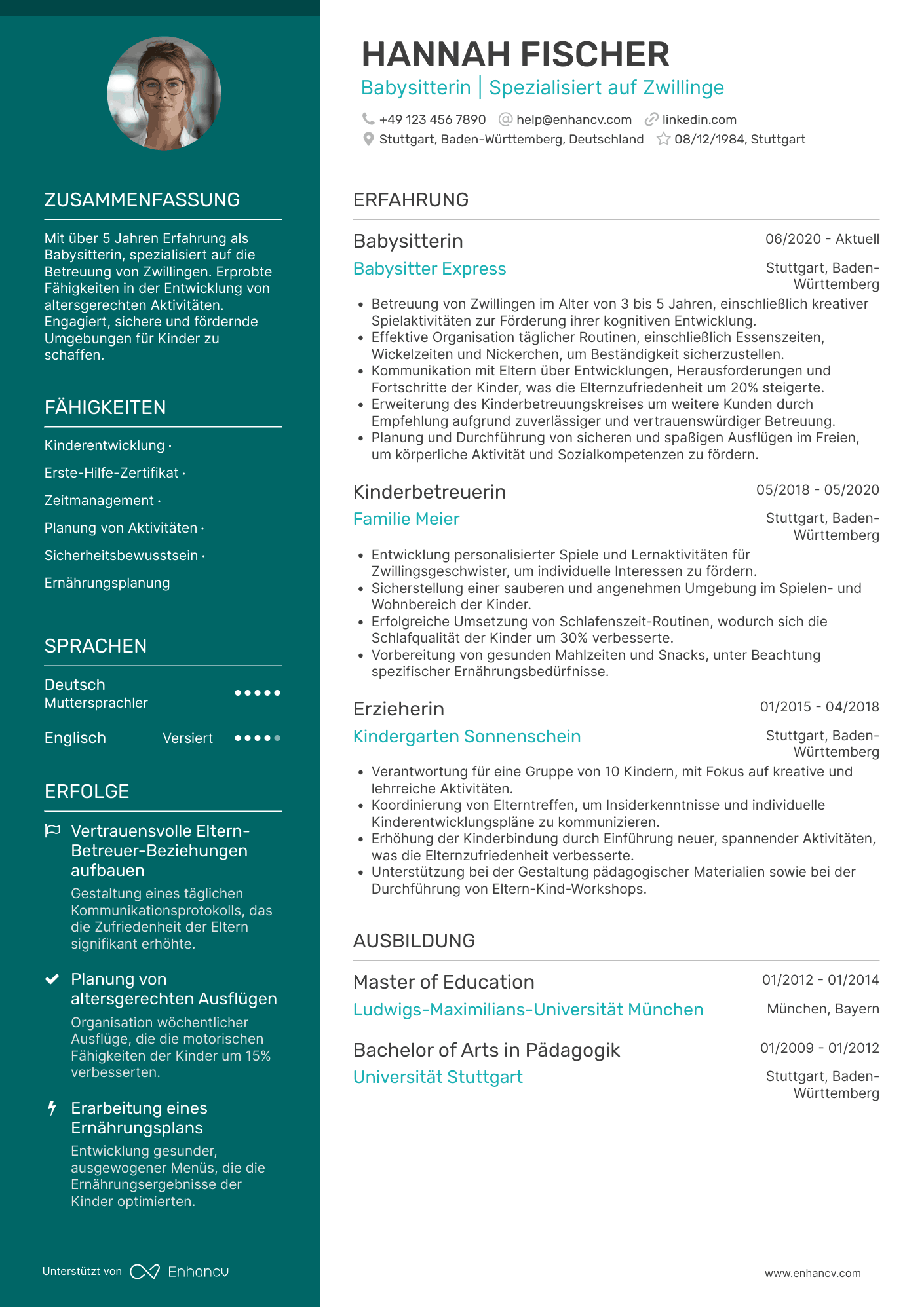 Lebenslauf als Babysitter für Zwillinge Resume Example