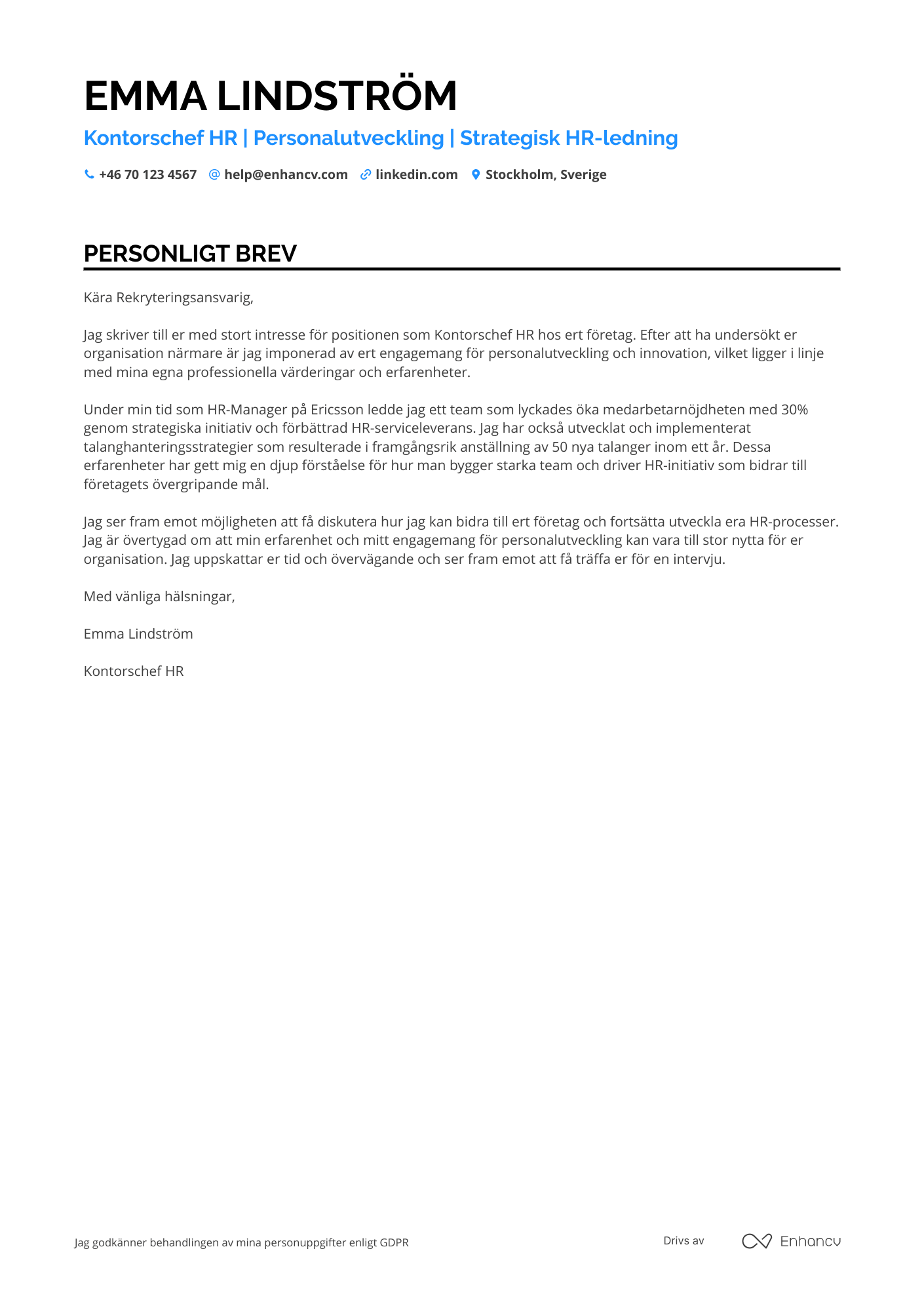 Personligt brev för Kontorschef HR Resume Example