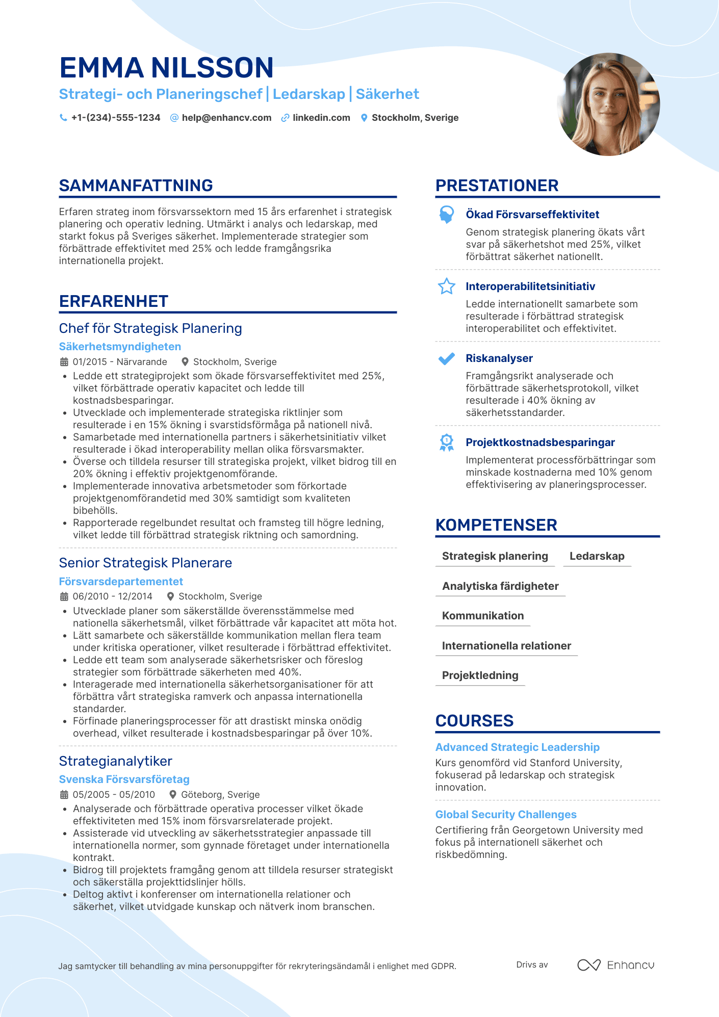 CV för Försvaret Strategi  och Planeringschef Resume Example