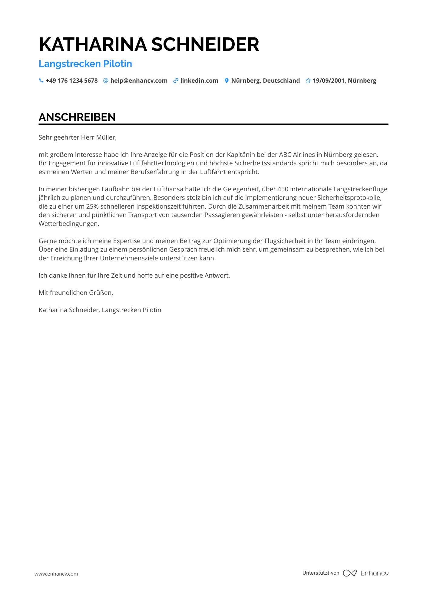 Pilot mit Erfahrung in Langstreckenflügen Resume Example