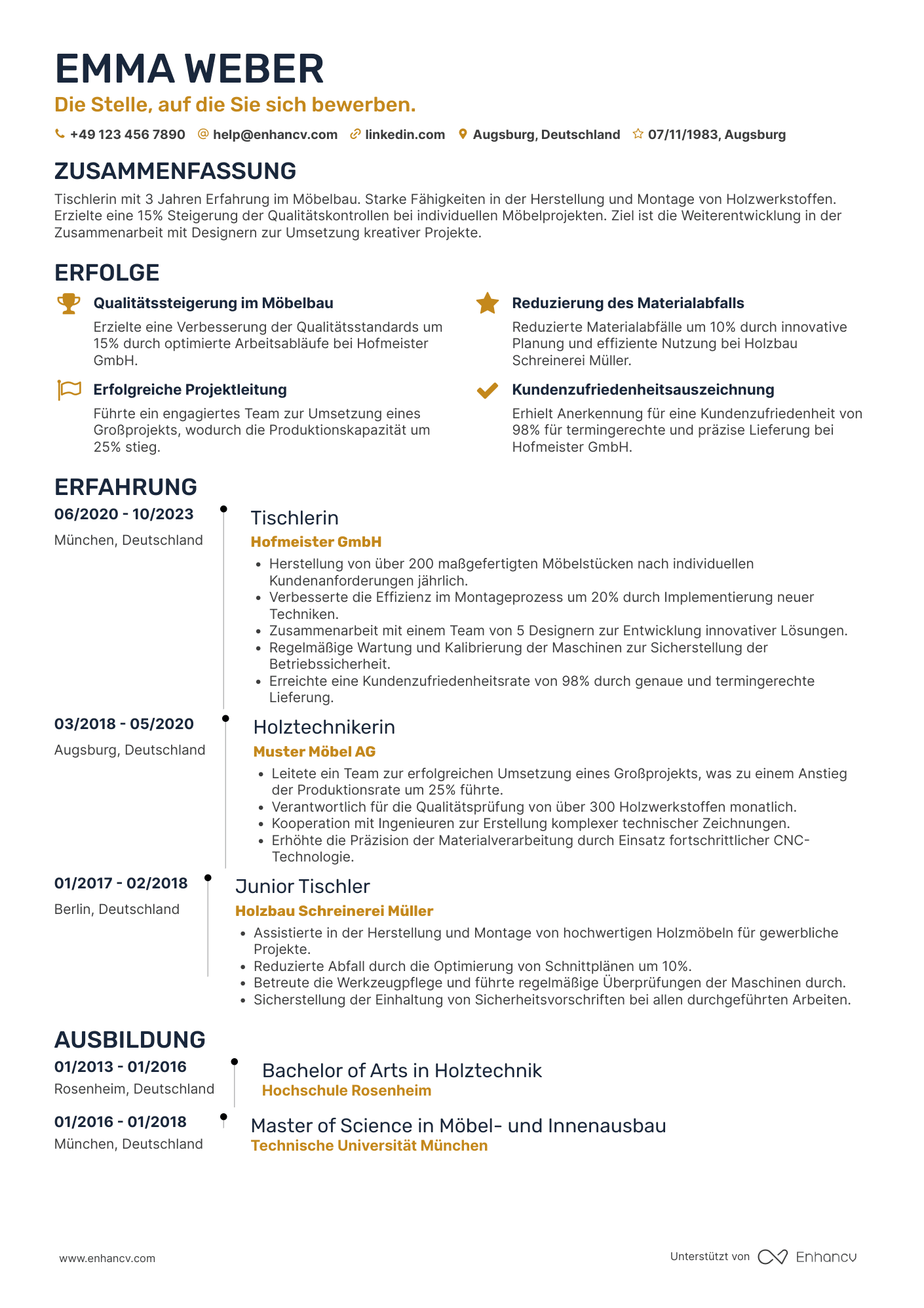 Lebenslauf als Tischler mit 1 3 Jahren Erfahrung Resume Example