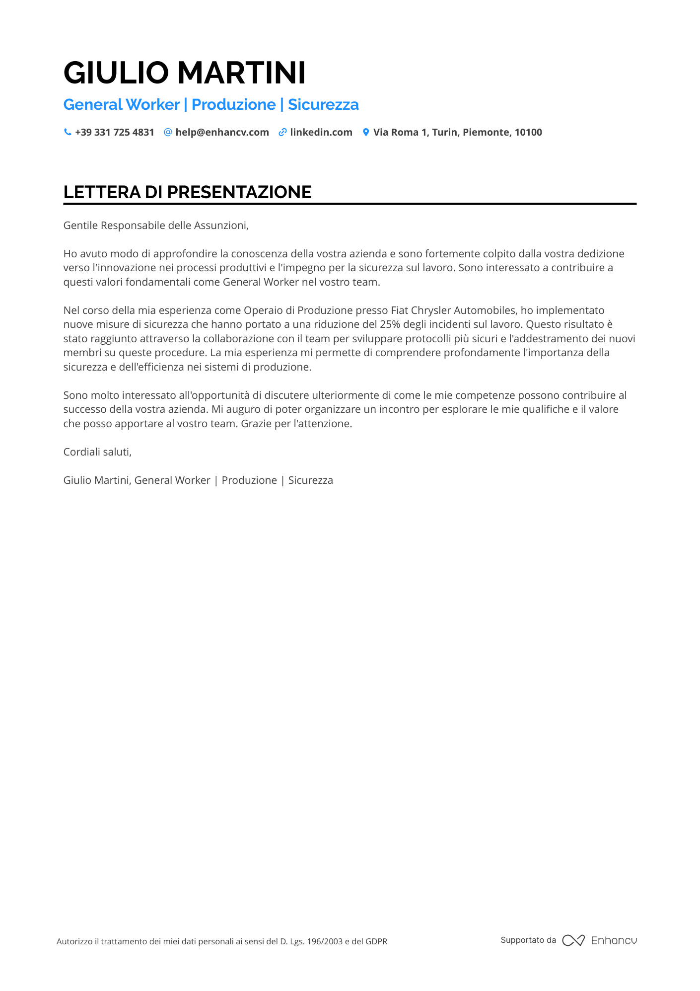 Operaio di Impianto Resume Example