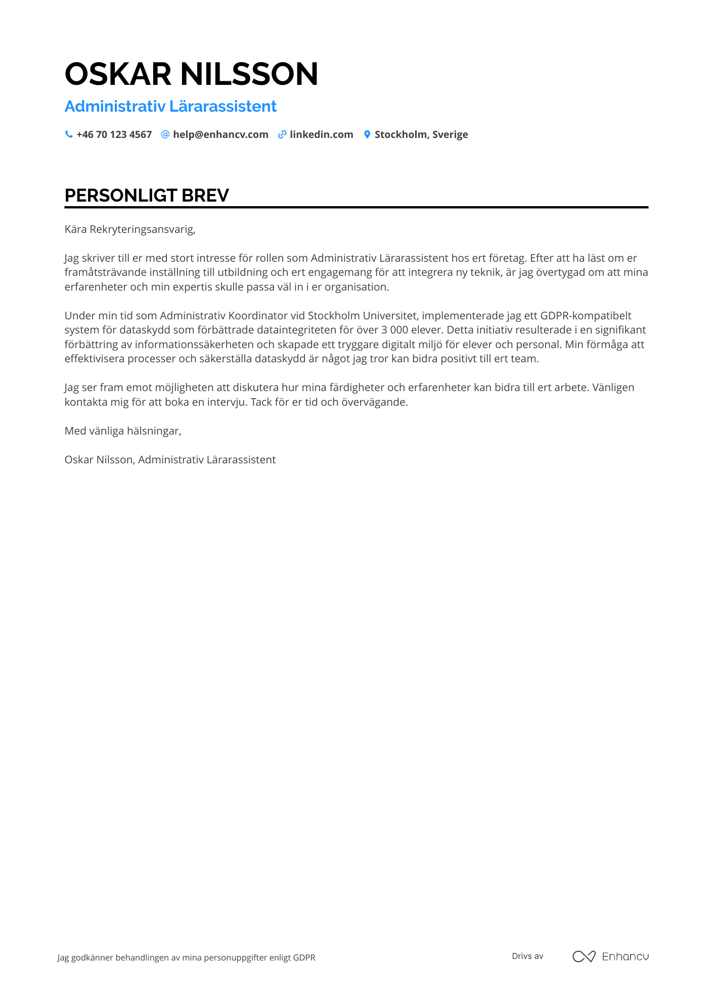 Personligt brev för Administrativ Lärarassistent Resume Example