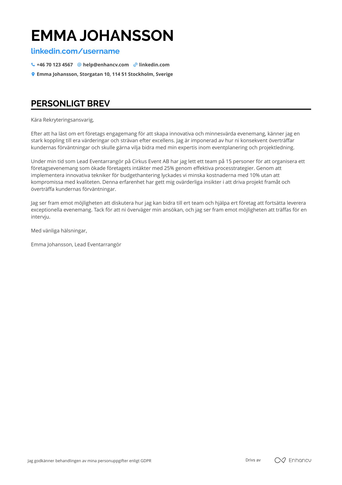 Personligt brev för Lead Eventarrangör Resume Example