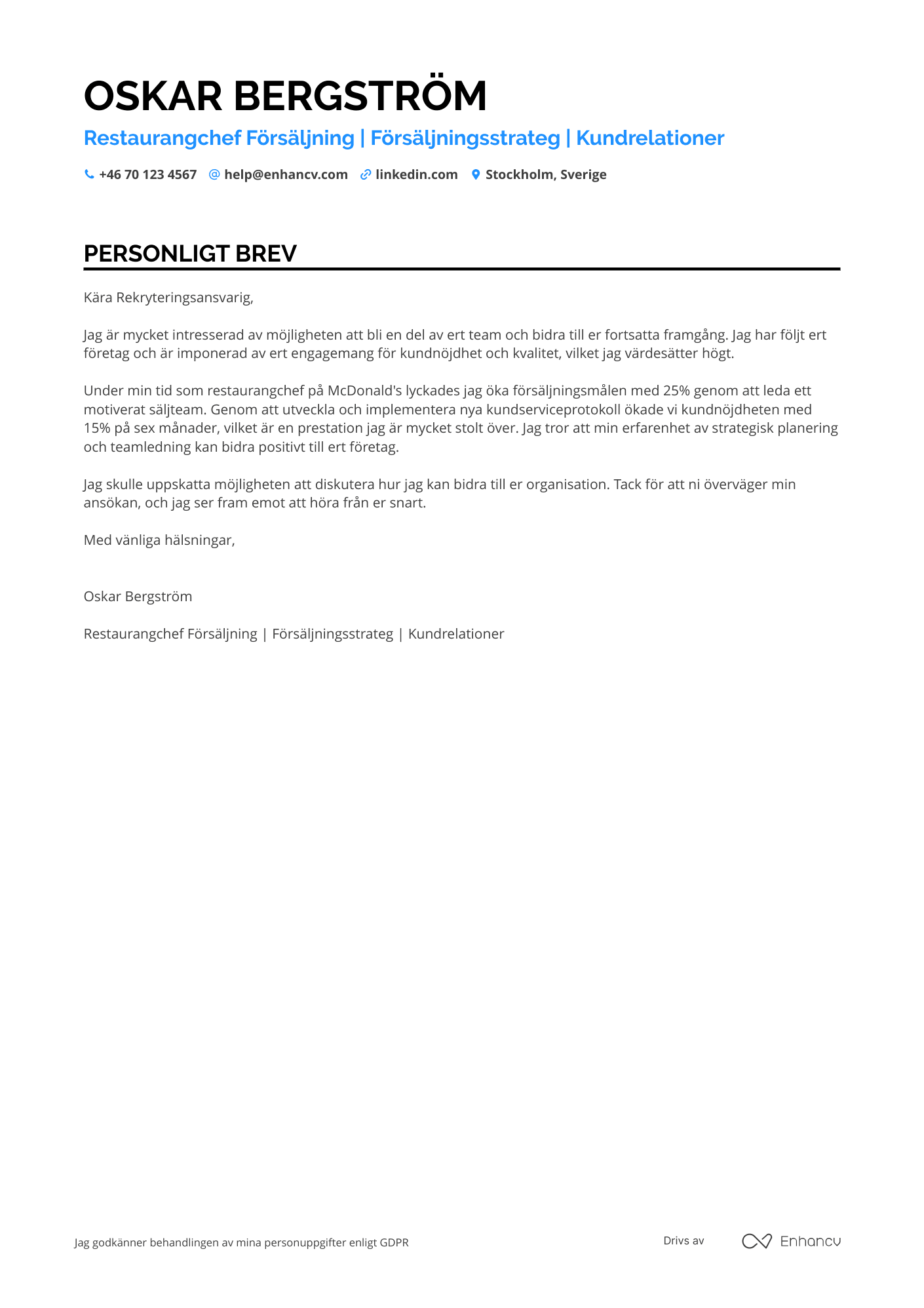 Personligt brev för Restaurangchef Försäljning Resume Example