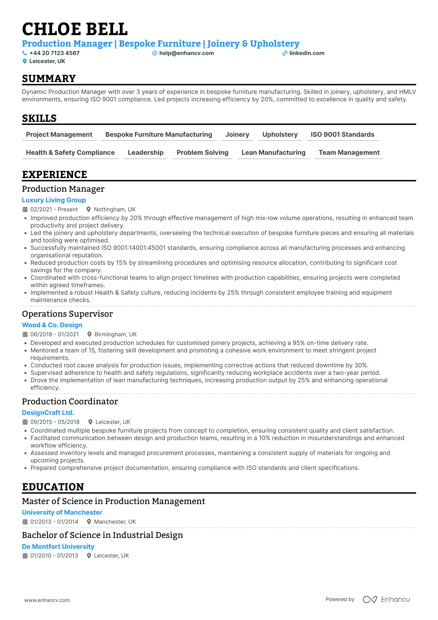 Production Manager in Furniture Resume Example