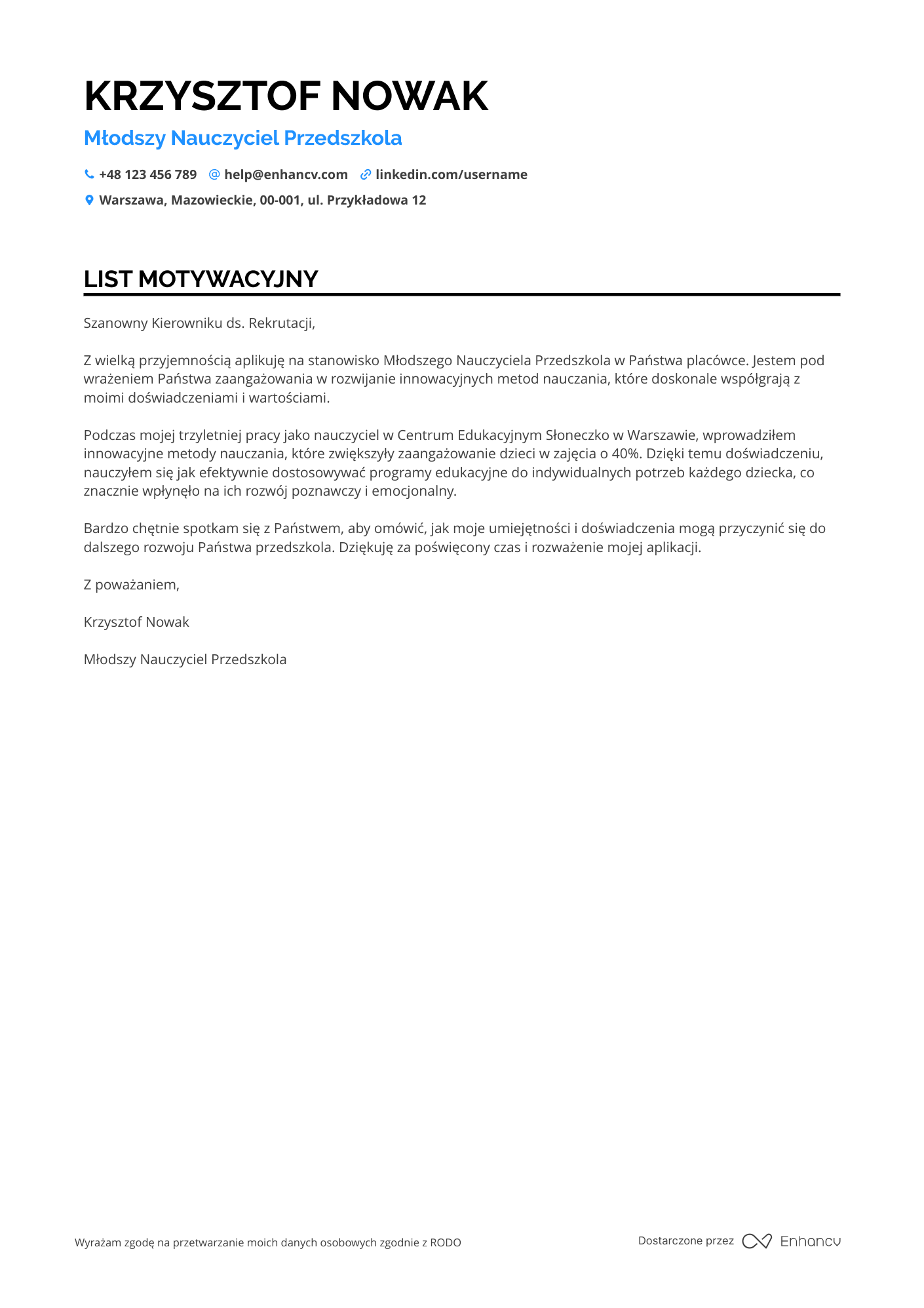 List motywacyjny dla Młodszy Nauczyciel Przedszkola Resume Example
