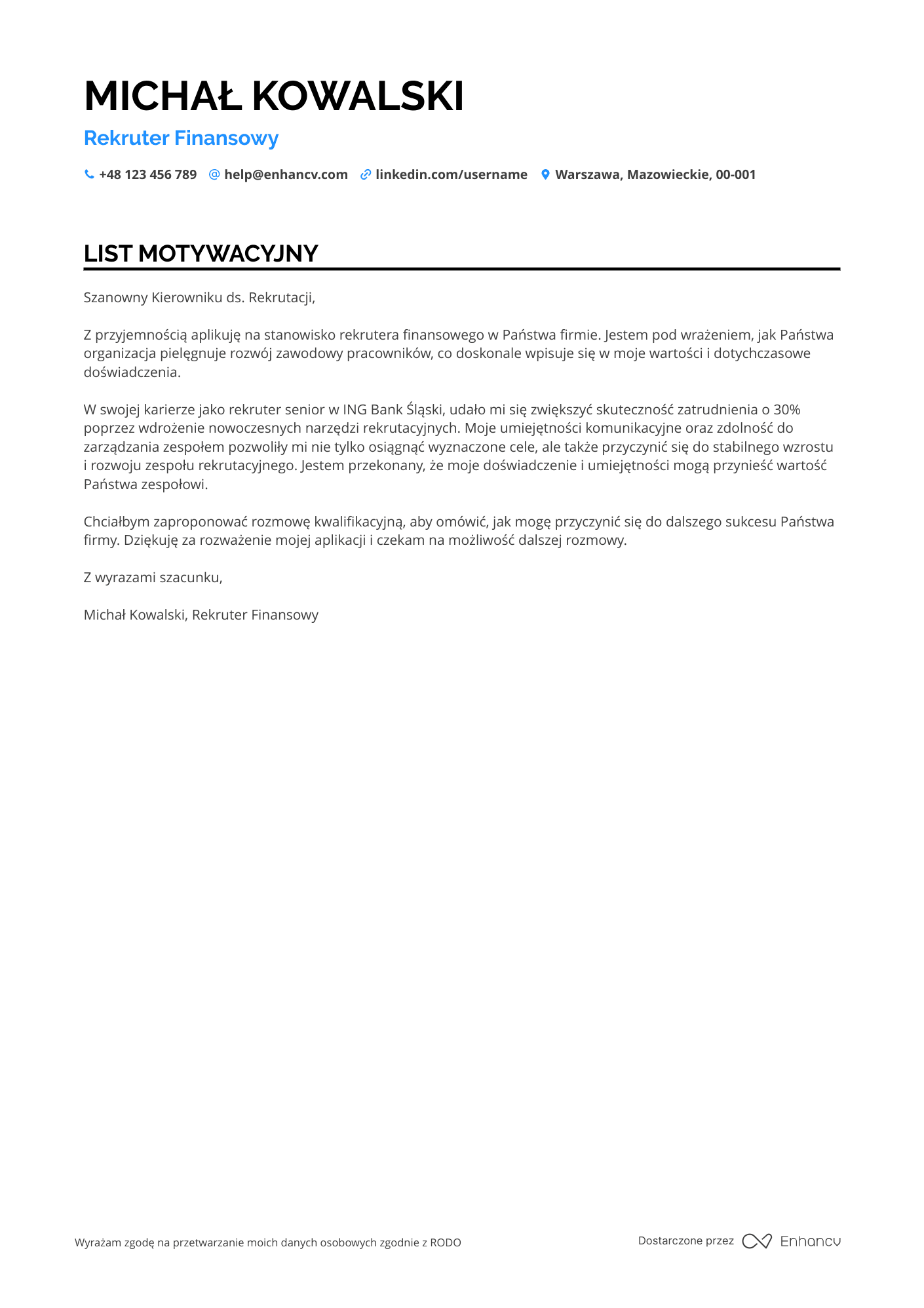 List motywacyjny dla Rekruter Finansowy Resume Example