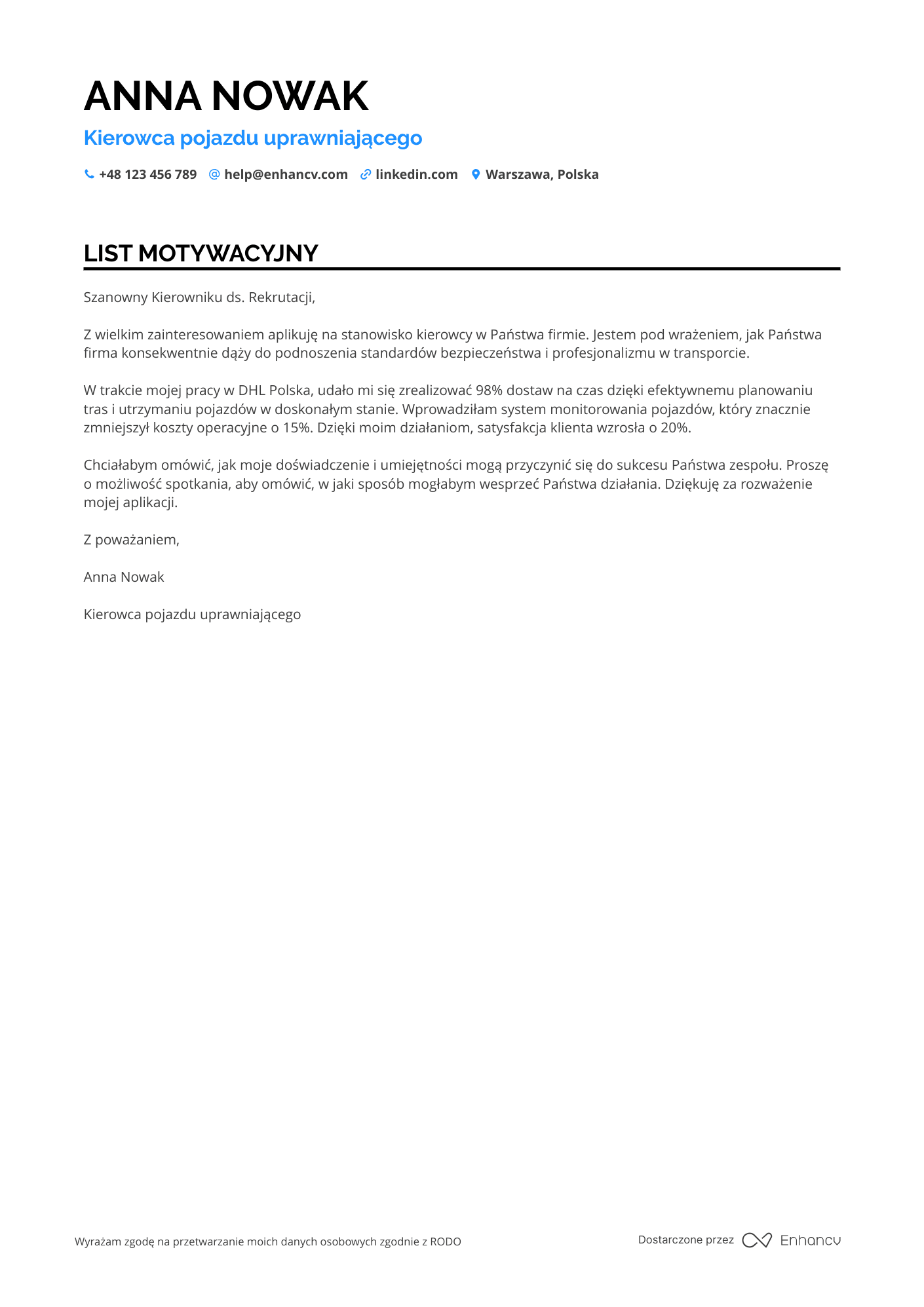 List motywacyjny dla Kierowca pojazdu uprawniającego Resume Example
