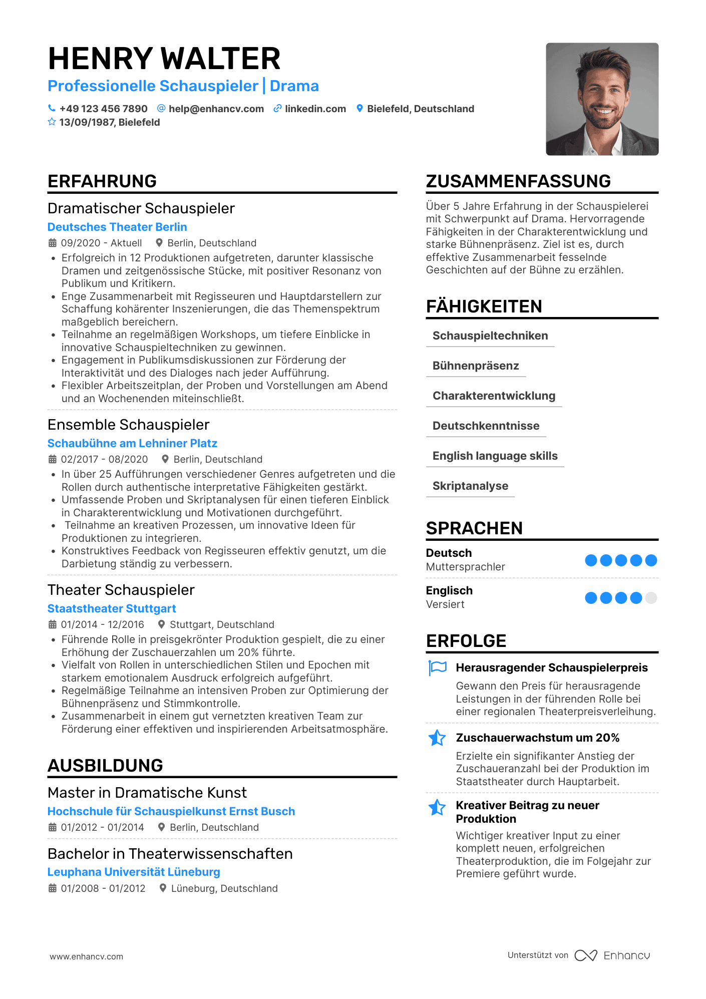 Lebenslauf als Drama Schauspieler Resume Example