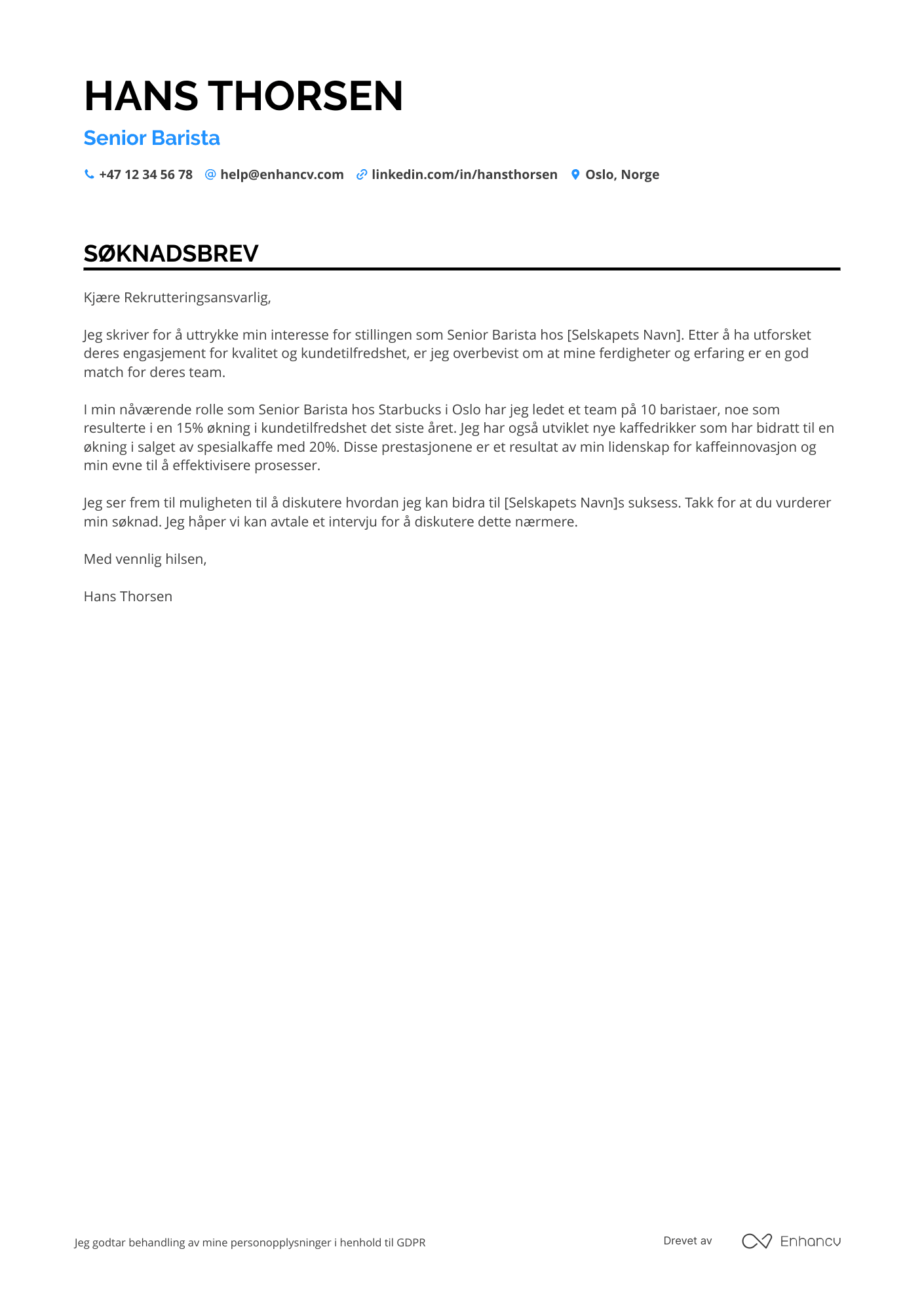 Søknadsbrev for Senior Barista Resume Example