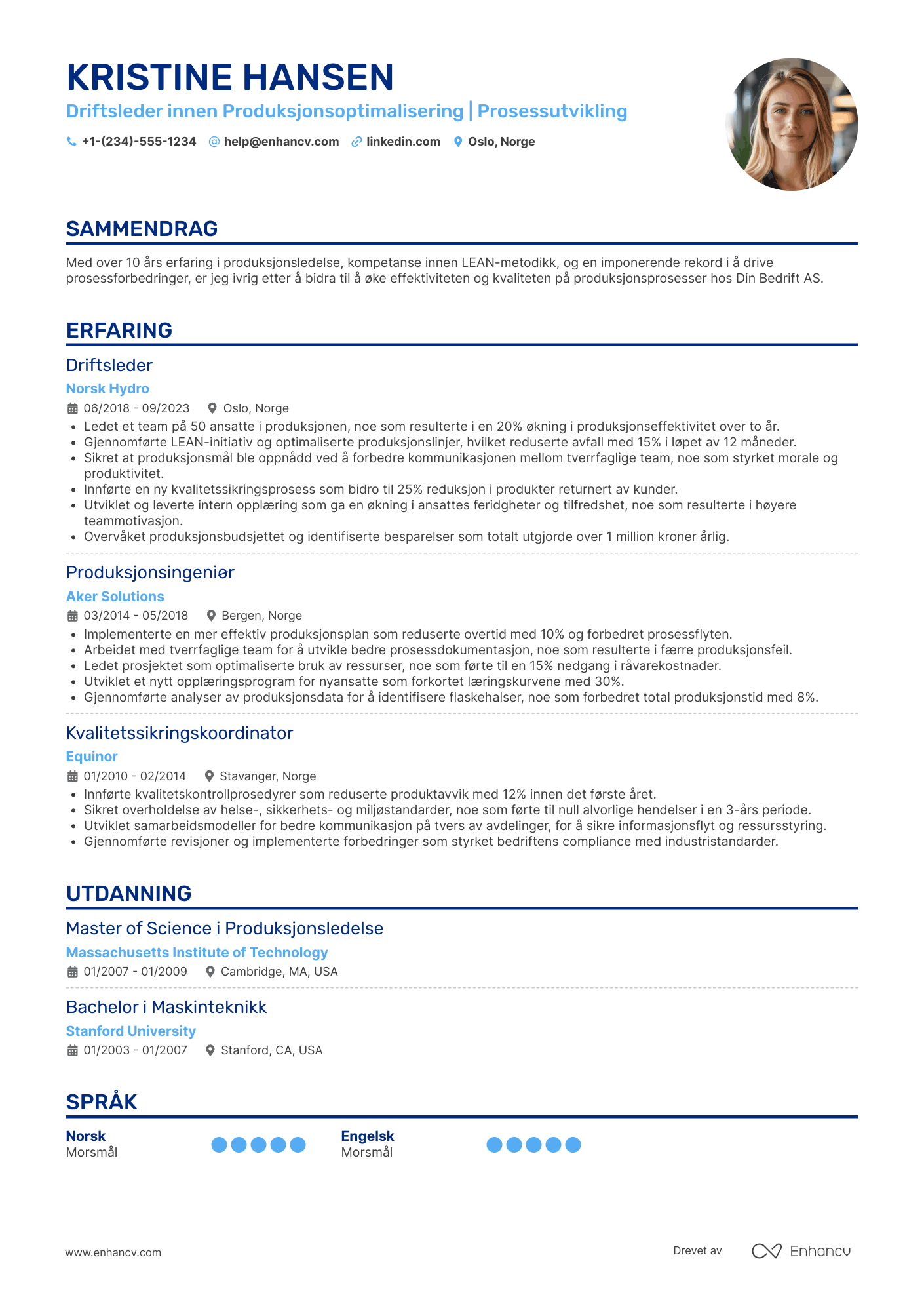 CV for Produksjon Driftsleder Resume Example