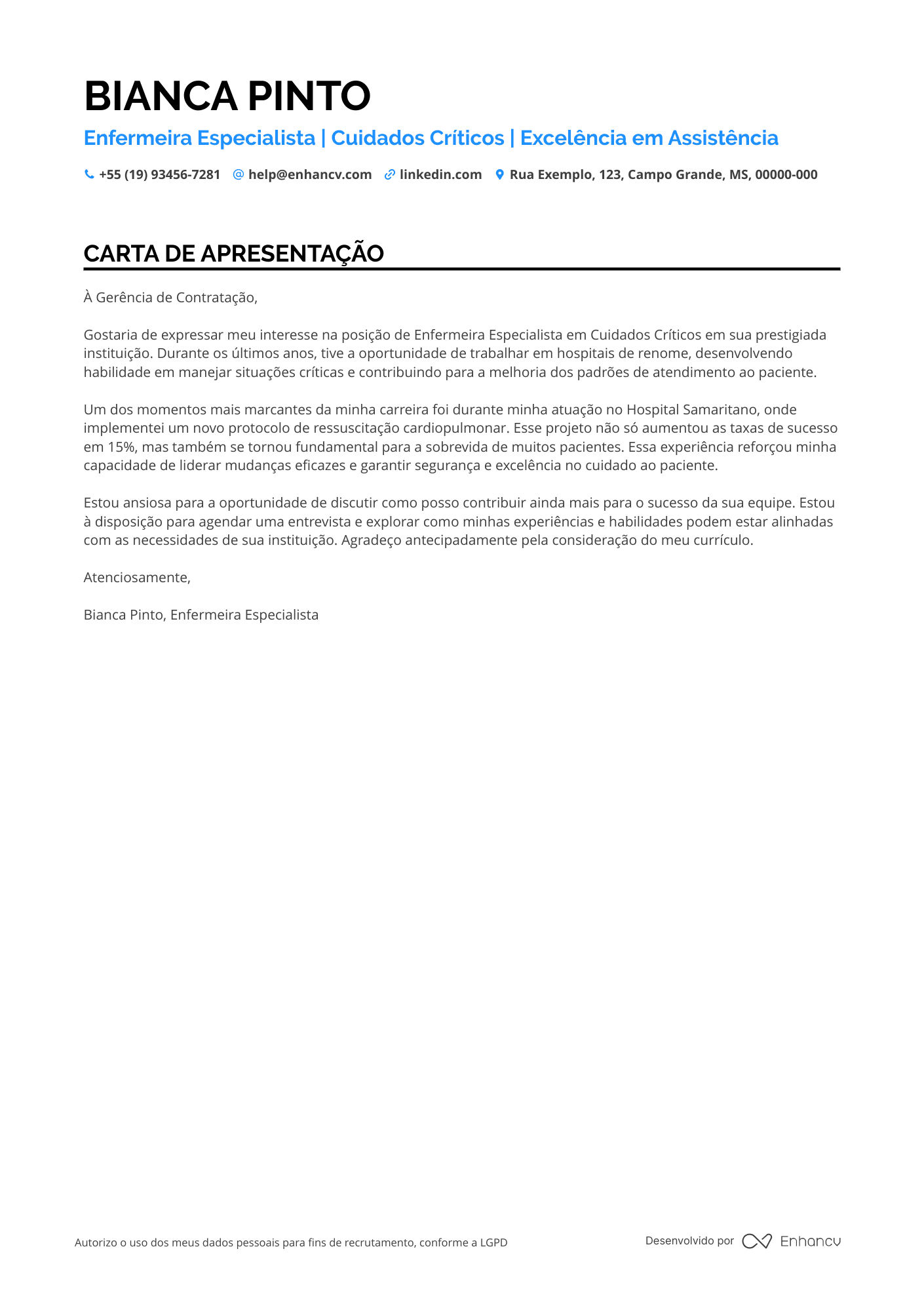 Enfermeira de Emergência Resume Example