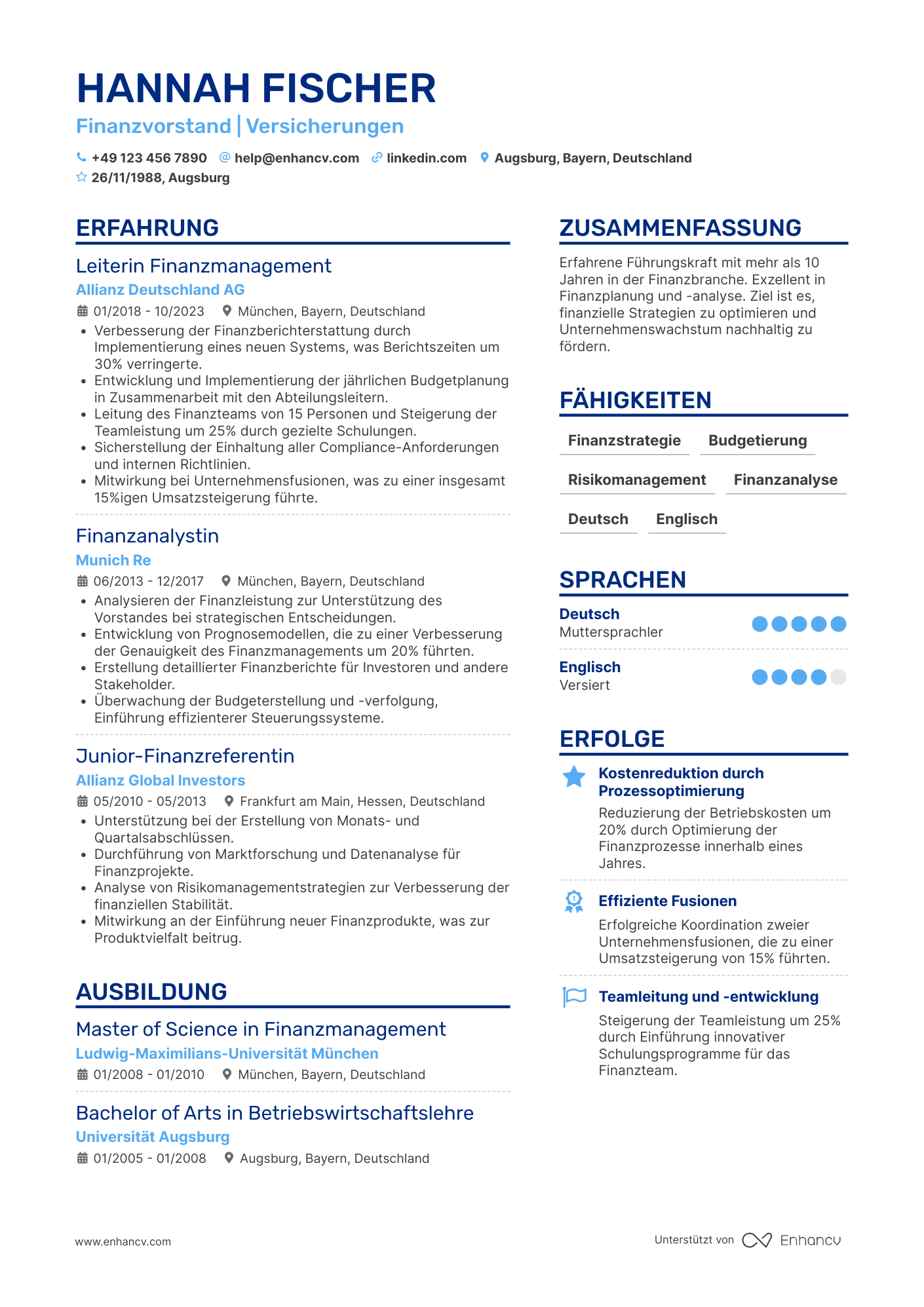 Lebenslauf in Finanzvorstand in der Versicherungsbranche Resume Example
