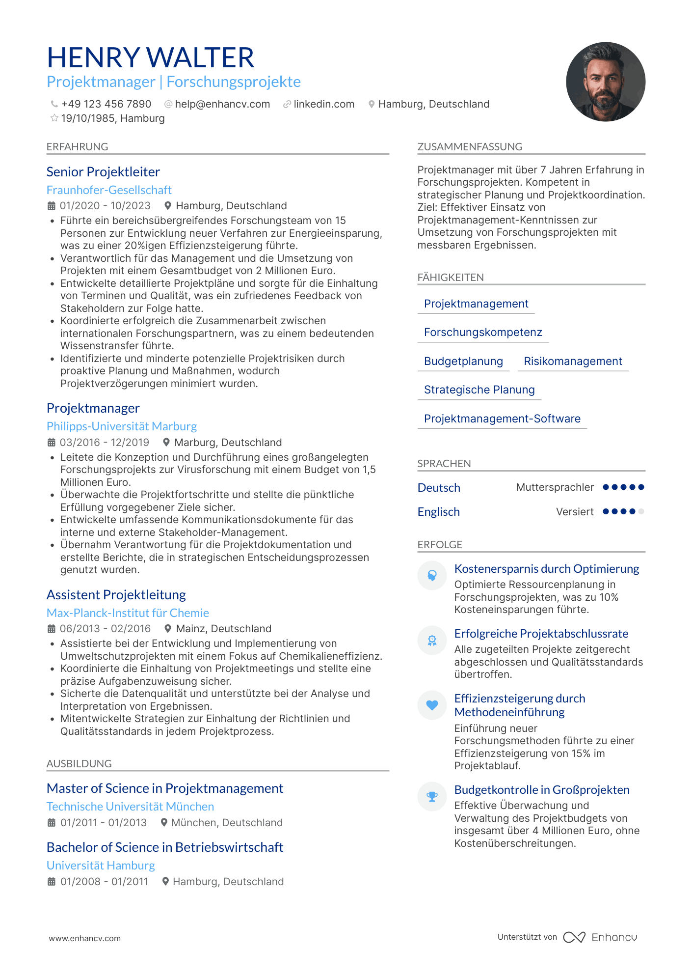 Lebenslauf als Projektleiter für Forschungsprojekte Resume Example