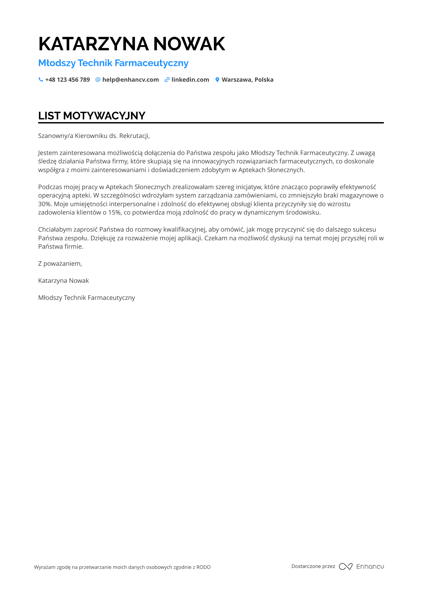 List motywacyjny dla Młodszy Technik Farmaceutyczny Resume Example