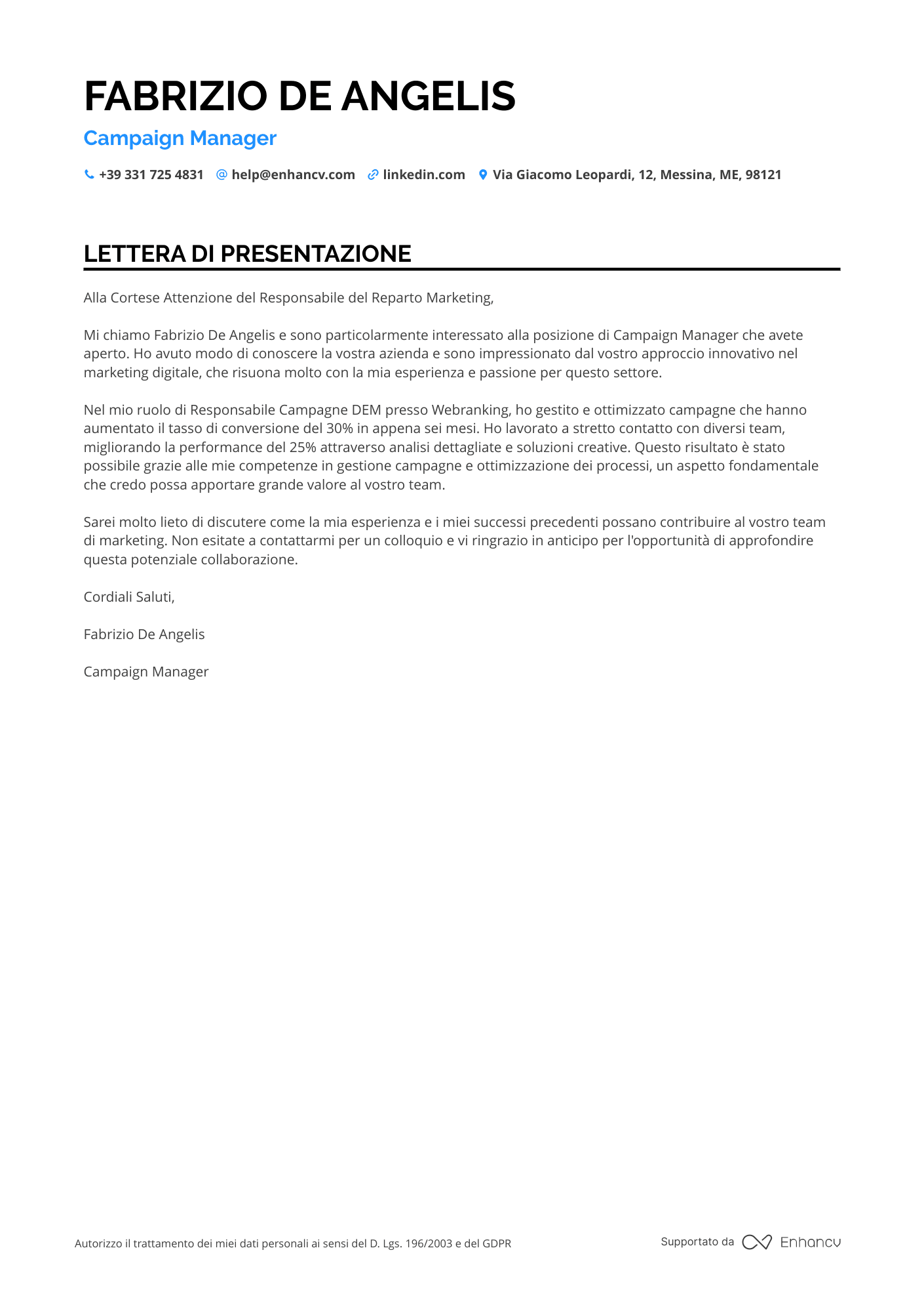 Gestore Campagne Marketing Resume Example