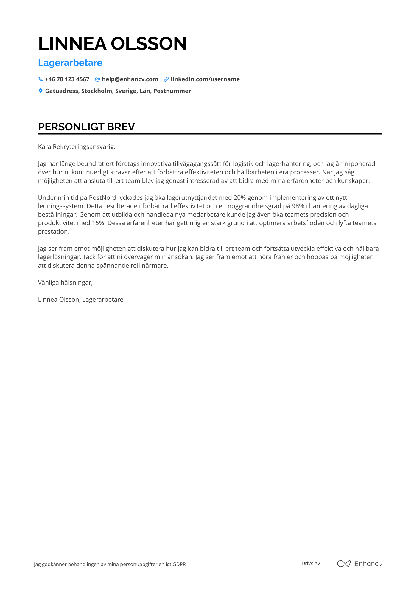 Personligt brev för Lagerarbetare i träningsprogram Resume Example