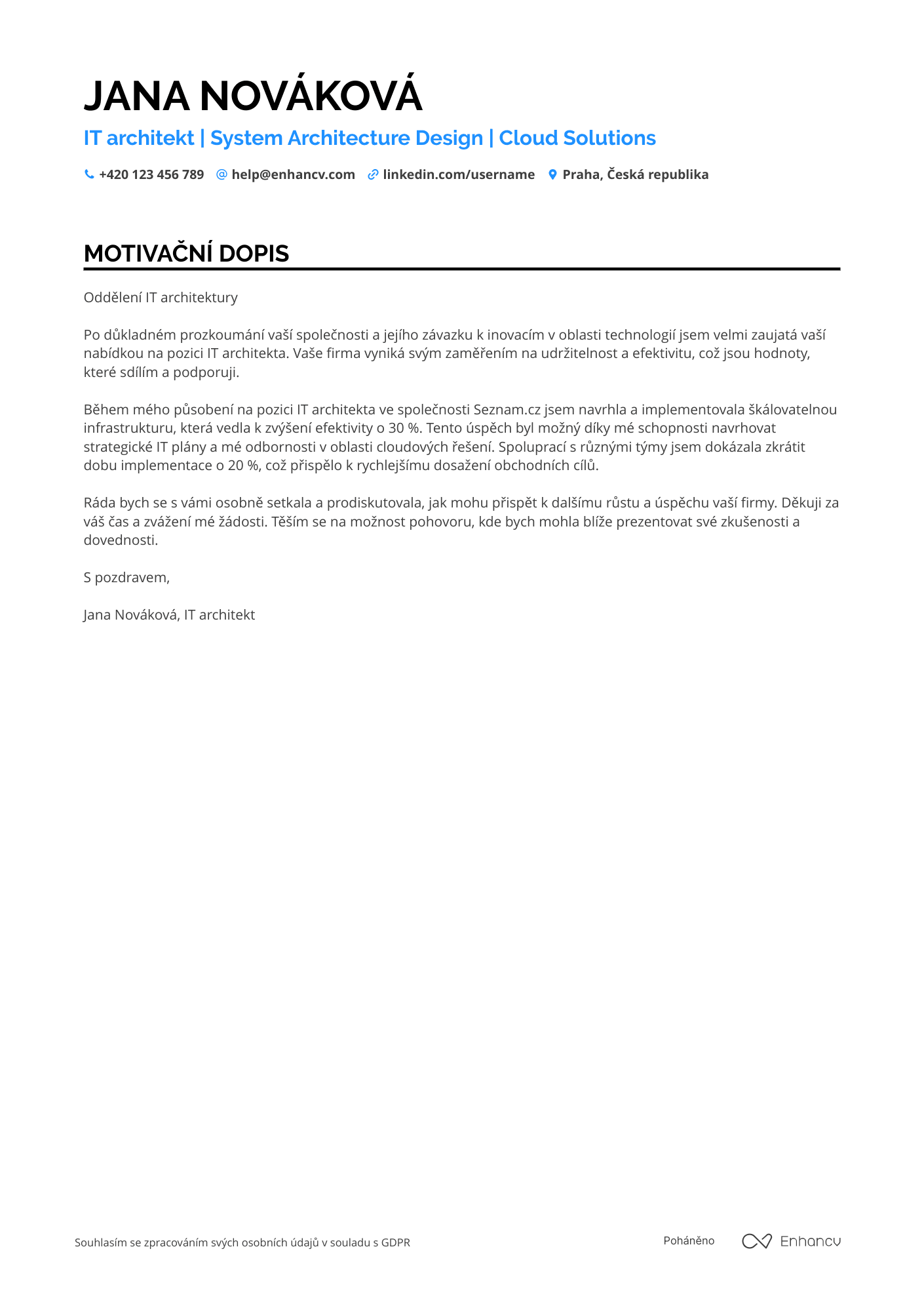 Motivační dopis pro IT architekt Resume Example