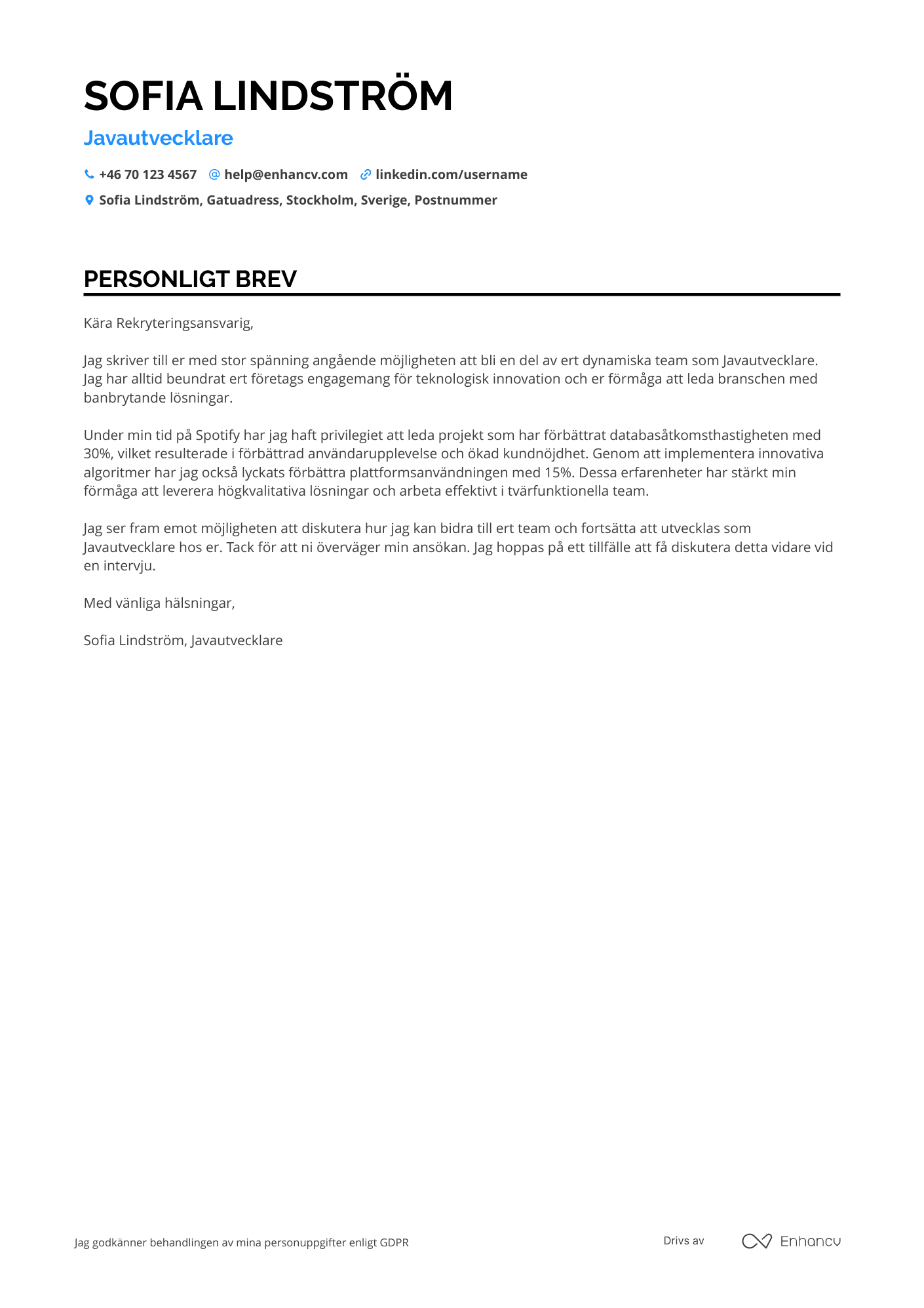 Personligt brev för Junior Javautvecklare Resume Example