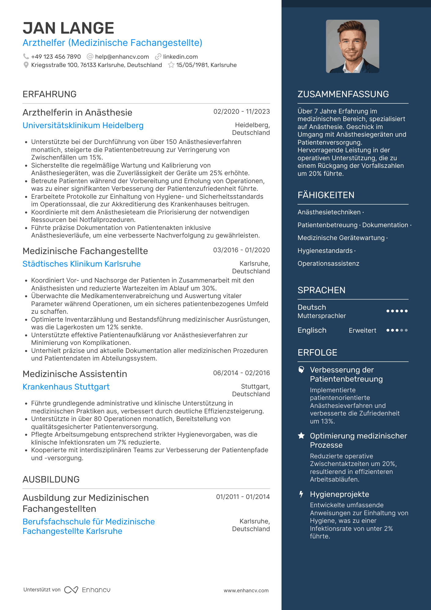 Lebenslauf als Arzthelferin für Anästhesie Resume Example
