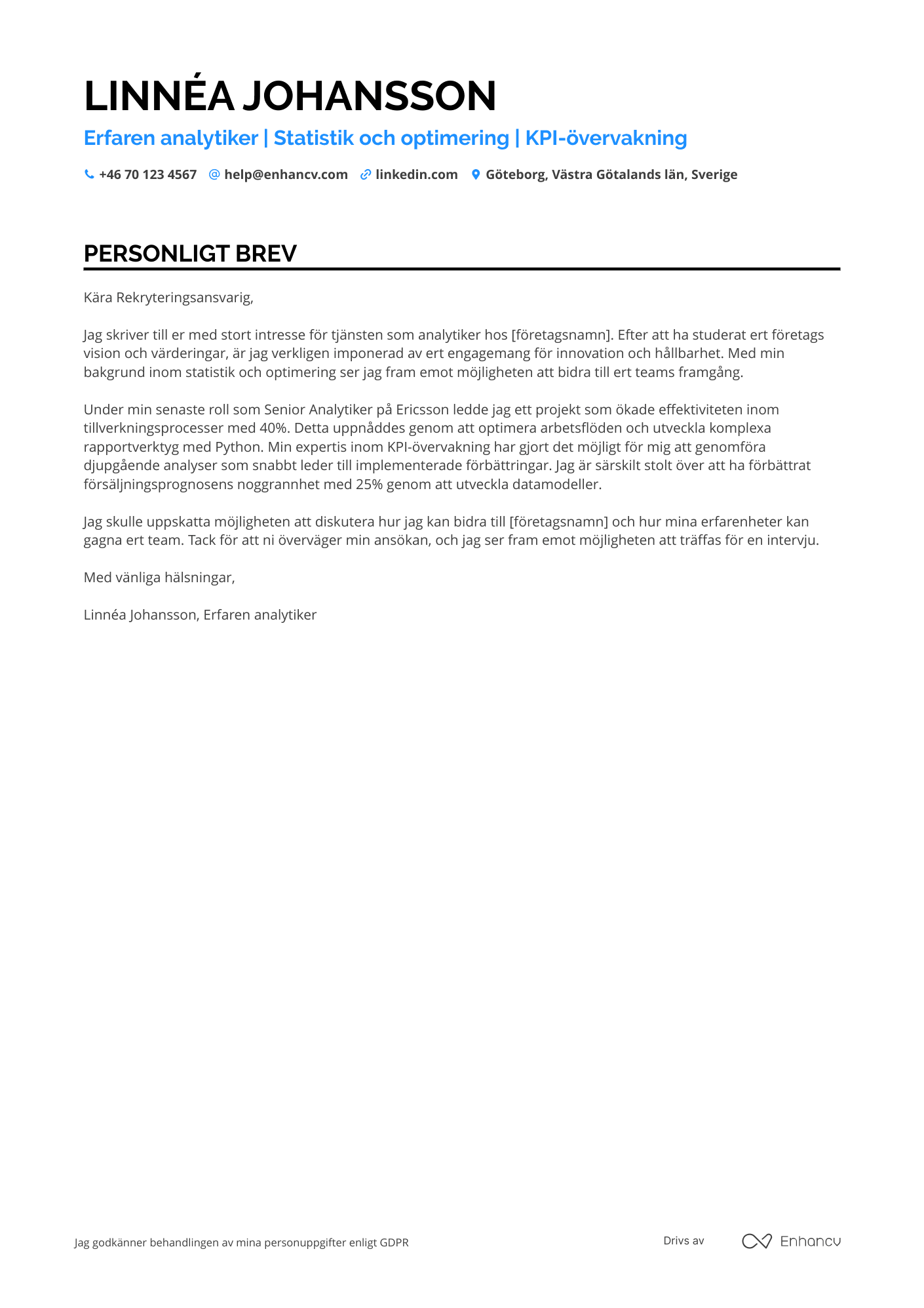 Personligt brev för Erfaren analytiker Resume Example