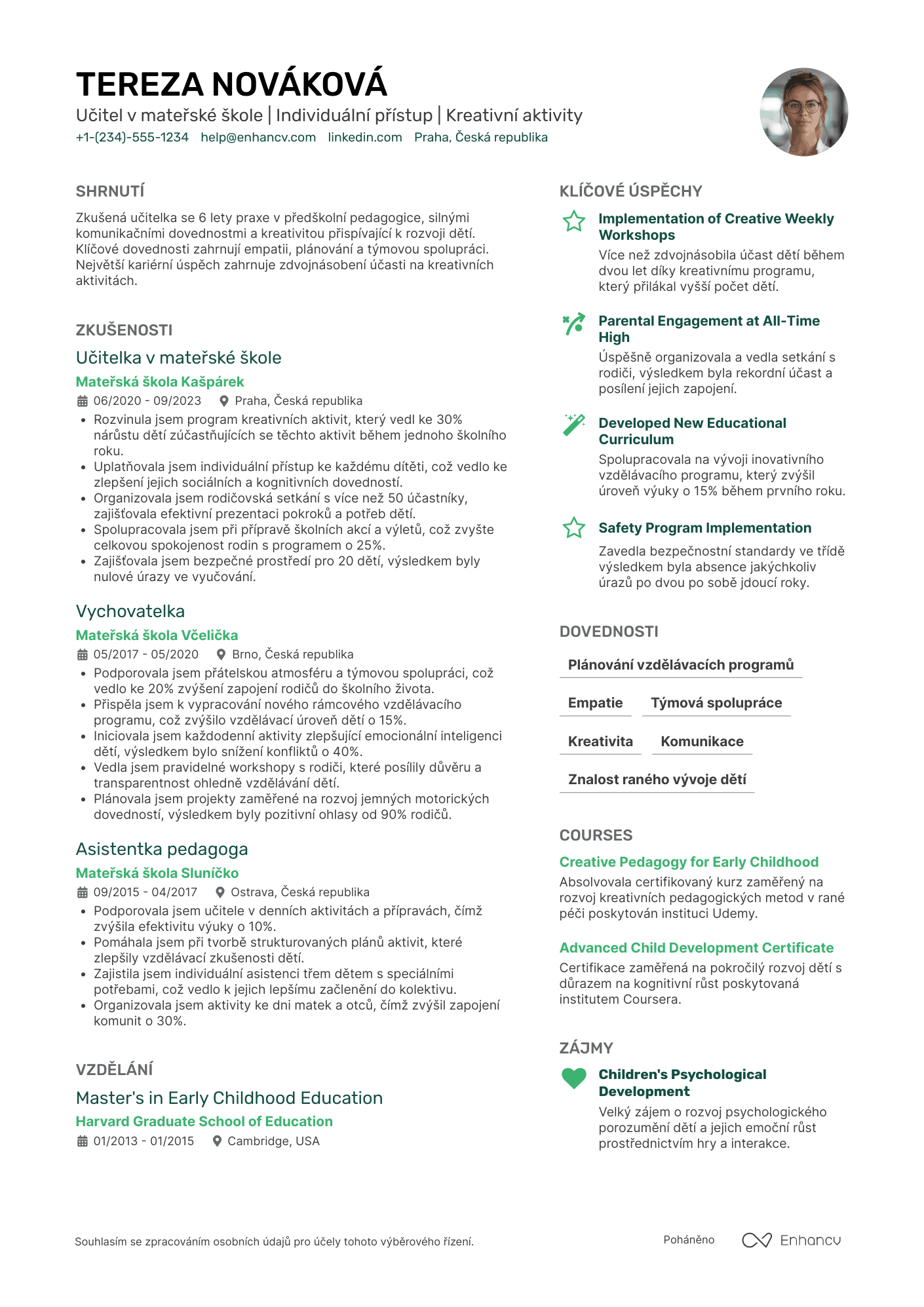 Životopis pro Učitel v mateřské škole Resume Example