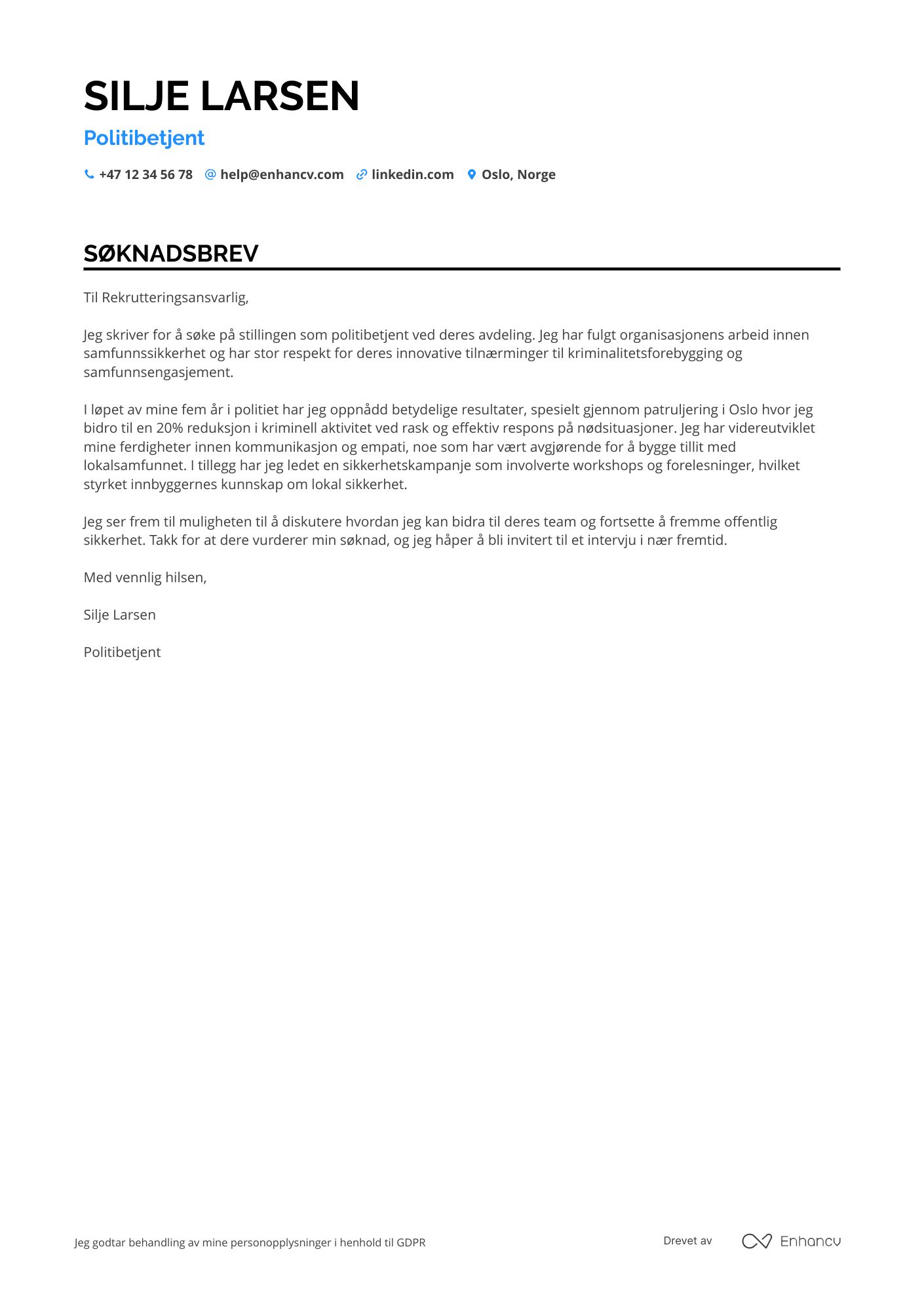 Søknadsbrev for Politibetjent gatepatrulje Resume Example