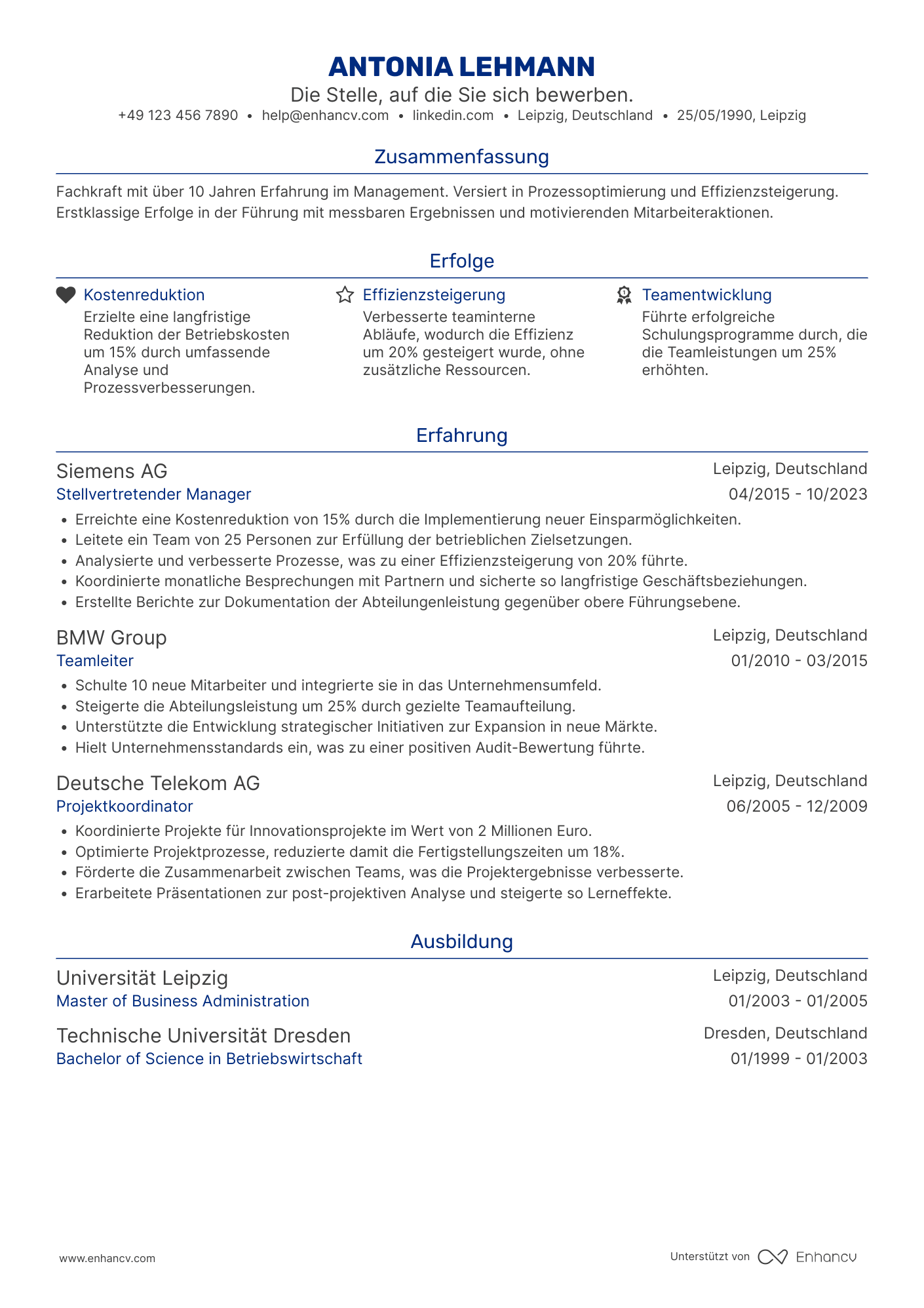 Lebenslauf als Stellvertretender Manager mit 10 Jahren Erfahrung Resume Example