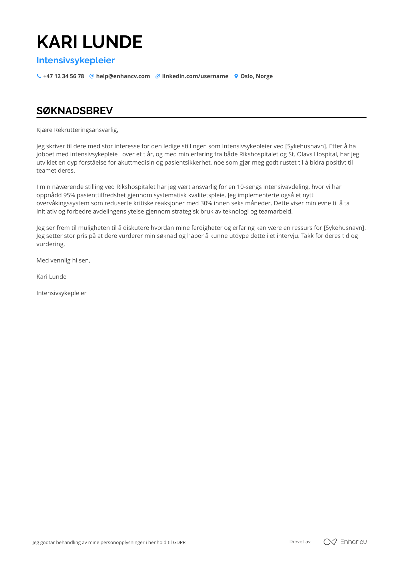 Søknadsbrev for Intensivsykepleier Resume Example