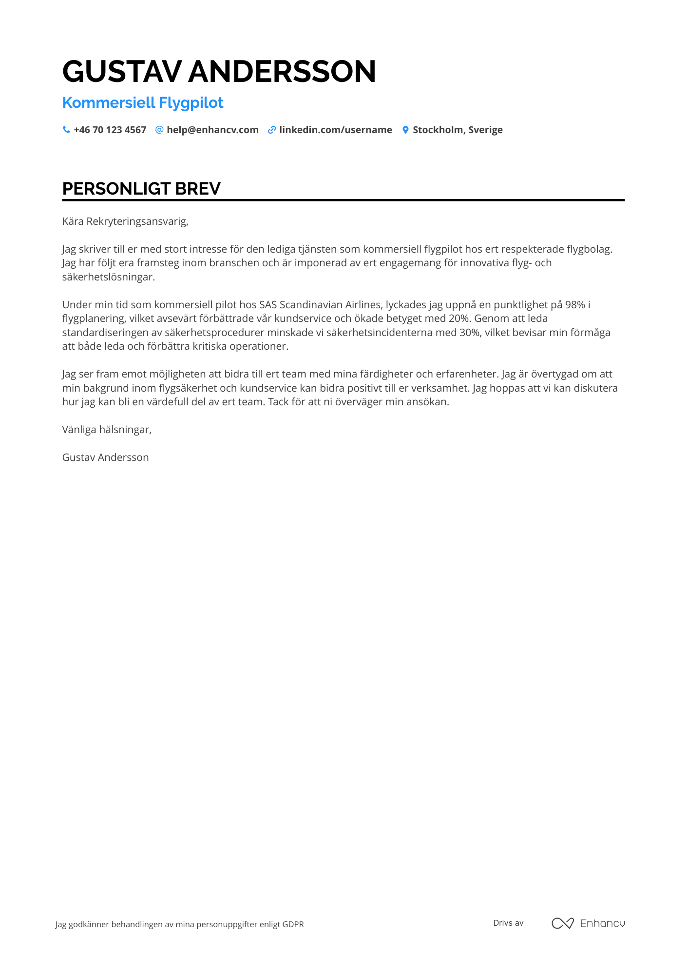 Personligt brev för Kommersiell Flygpilot Resume Example