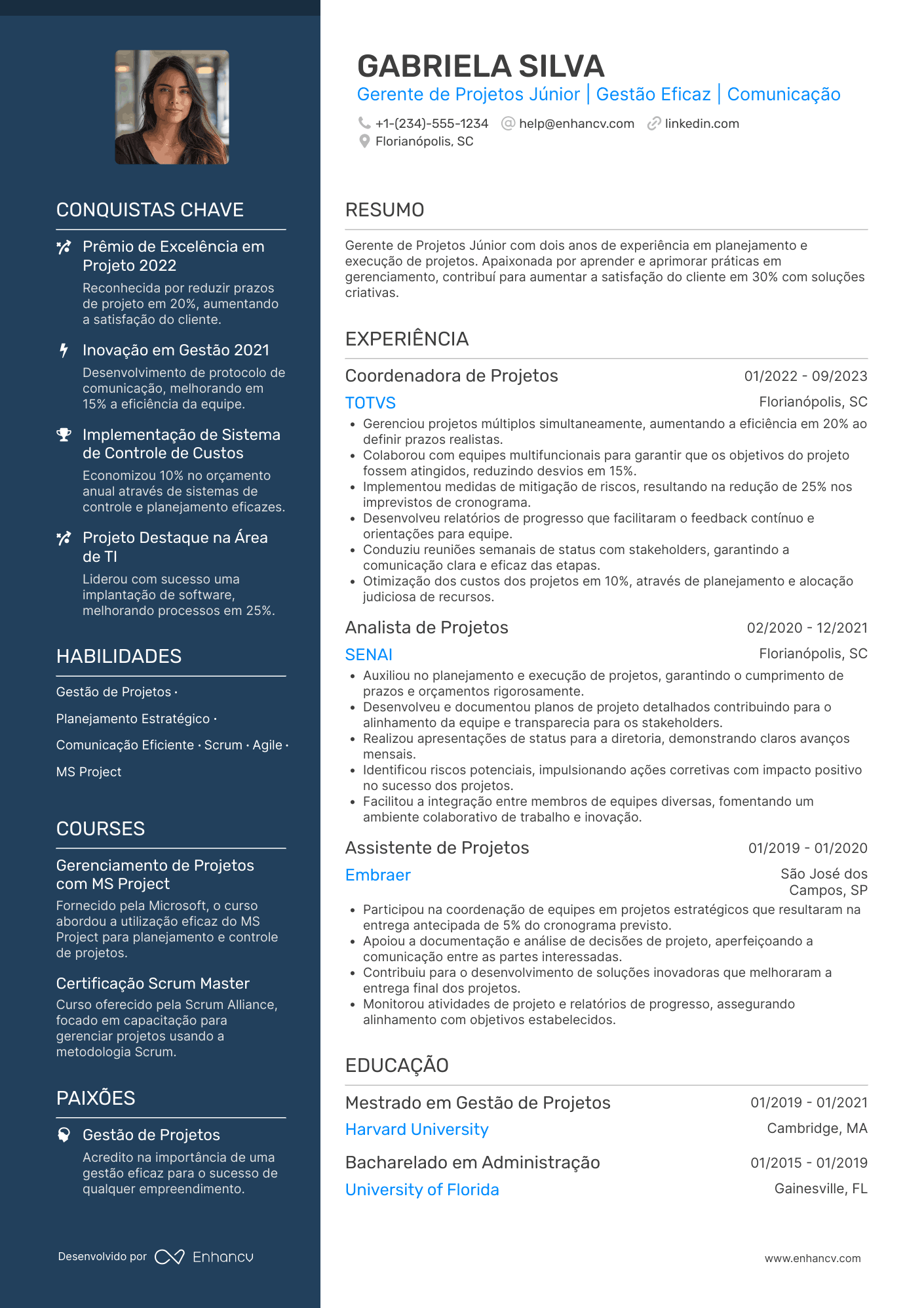 Currículo gerente de projetos júnior Resume Example